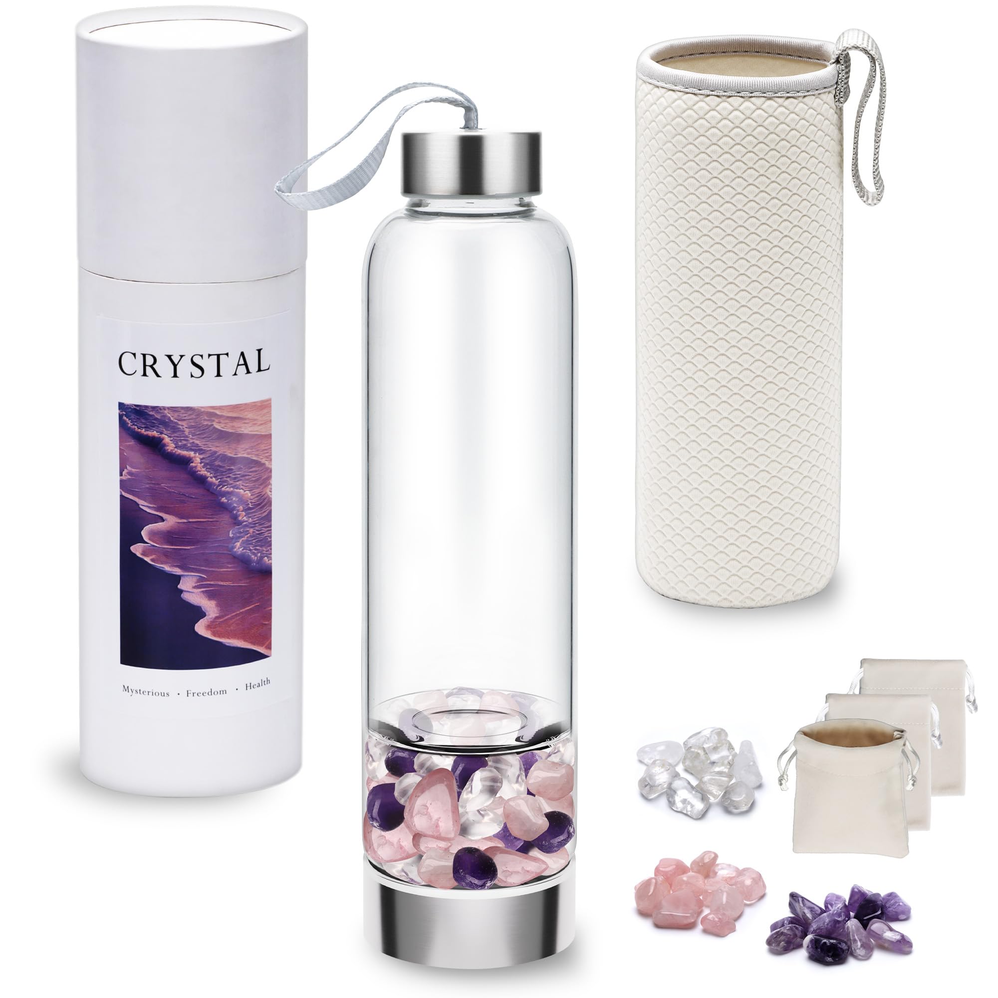 Crystal Water Bottle with 3 Changeable Stones-Amethyst, Rose Quartz & Clear Quartz Crystals,for Tea Lovers