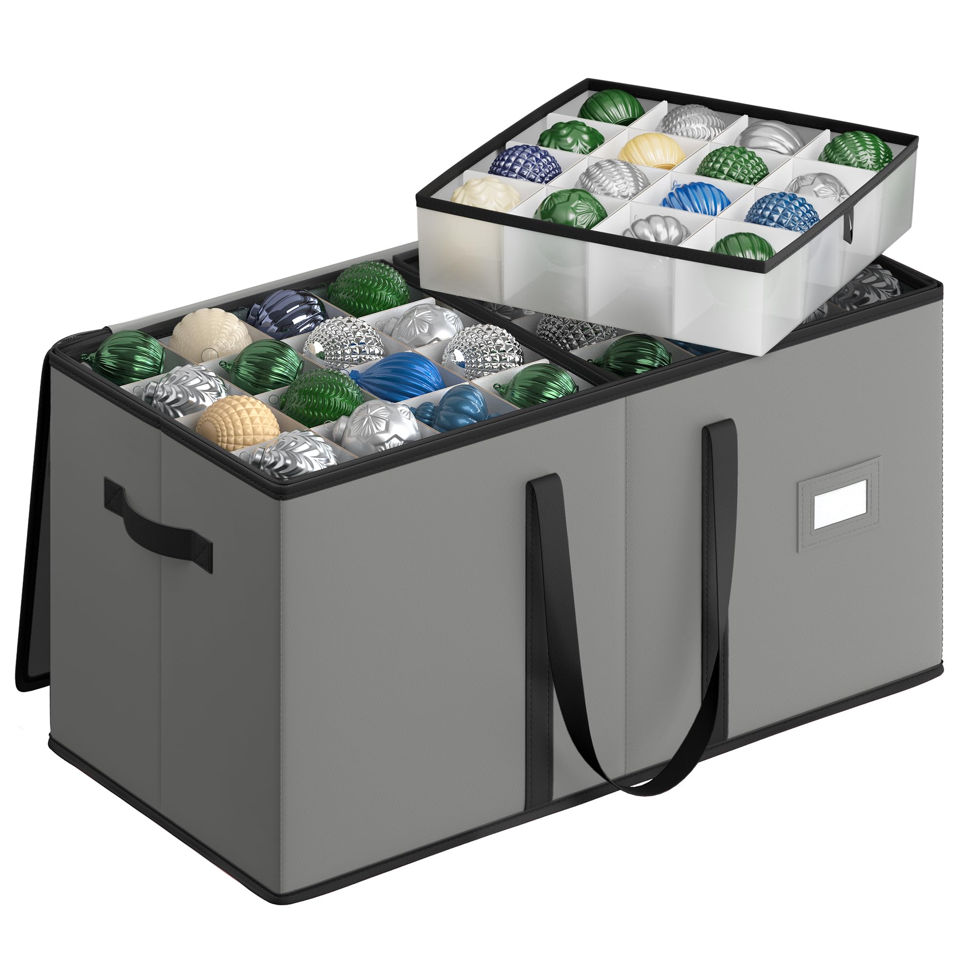 SONGMICS Large Christmas Ornament Storage Box, Dual Zippers, Stackable Christmas Storage Container with Lid, 8 Trays, 600D Oxford, 3-Inch 128 Slots, Dove Gray URFB035G01