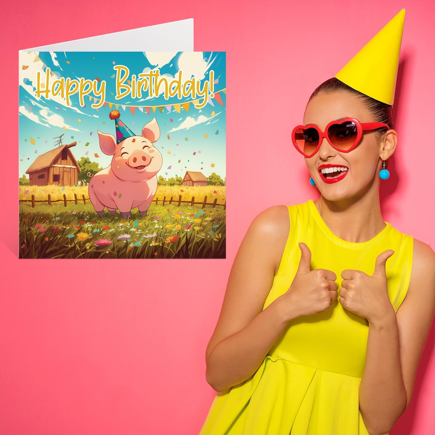 Pig Birthday Cards - Farm Farmyard Party - Happy Birthday Card for Son Daughter Brother Sister Grandson Granddaughter Niece Nephew Cousin, 145mm x 145mm Bday Greeting Cards
