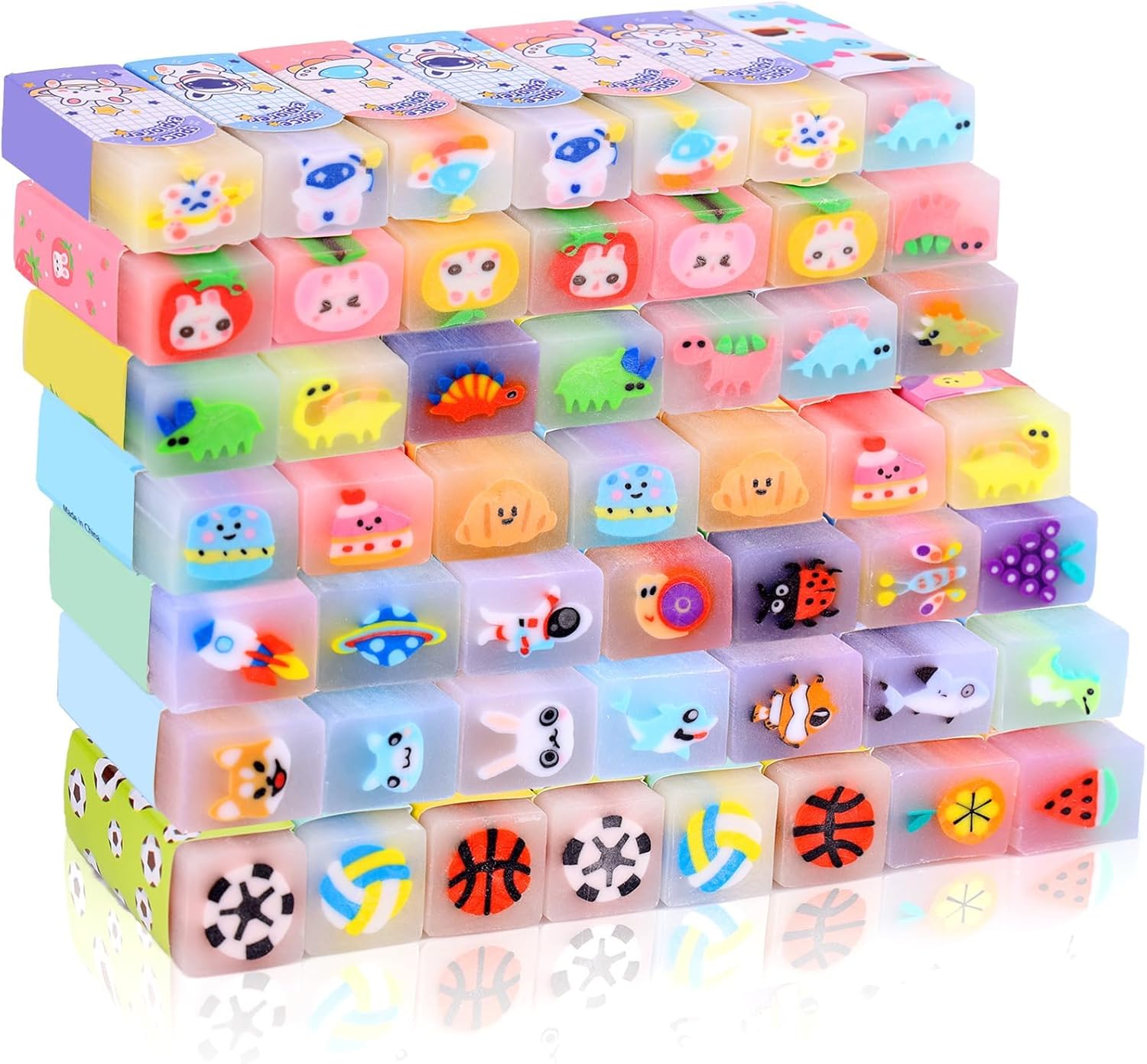 50 Pcs Cute Erasers for Kids Jelly Animal Fruit Dinosaur Space Pet Fun Pencil Erasers for Students Back to School Supplies Prize Gifts Party Favors