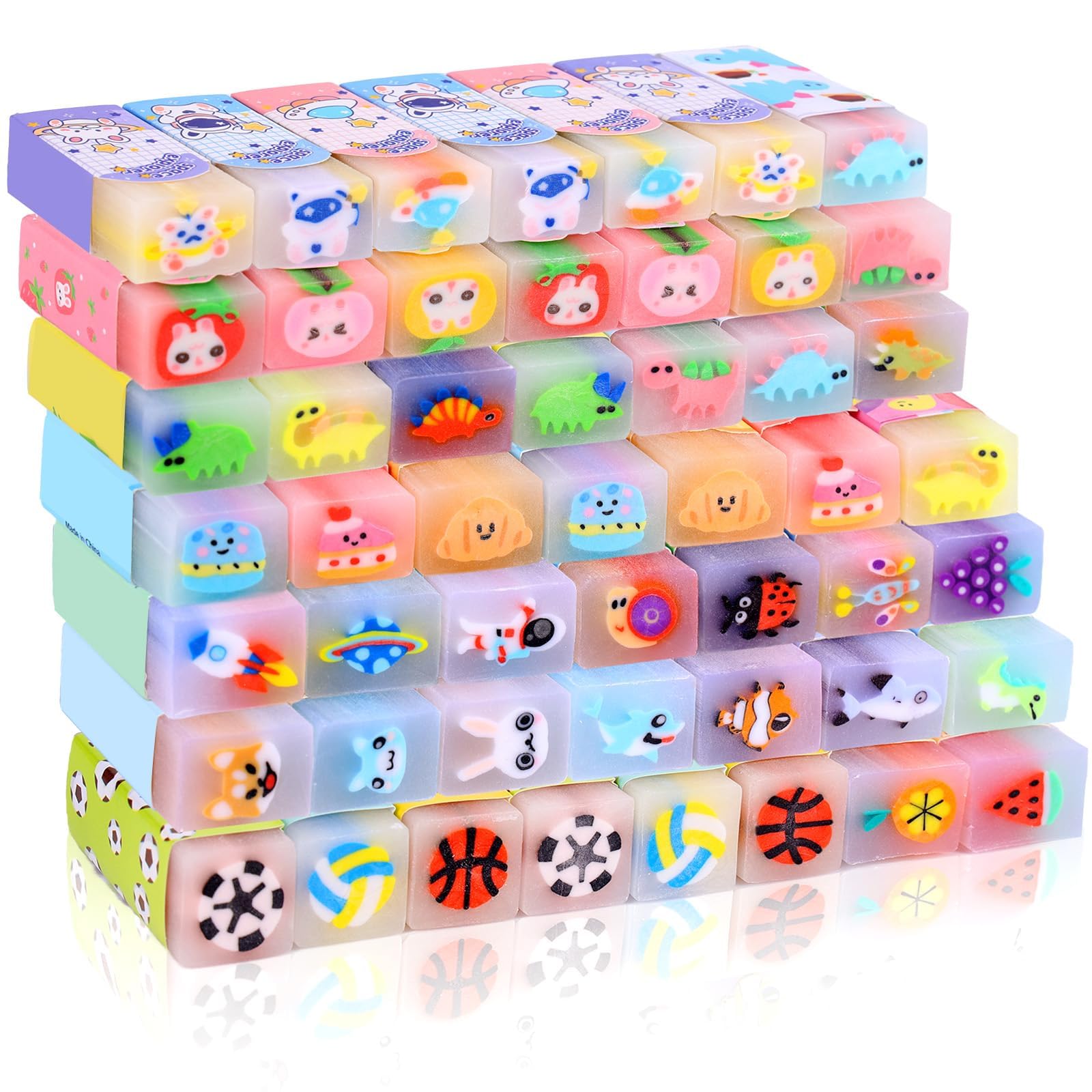 50 Pcs Cute Erasers for Kids Jelly Animal Fruit Dinosaur Space Pet Fun Pencil Erasers for Students Back to School Supplies Prize Gifts Party Favors