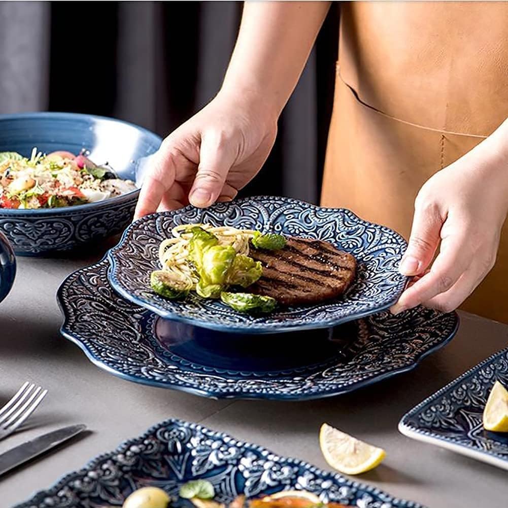 Juego De Vajilla De Cerámica Azul 12 Piezas Bajo Vidriado Ideal para Restaurantes Fiestas Familiares Y Eventos Vajillas Completas Baratas