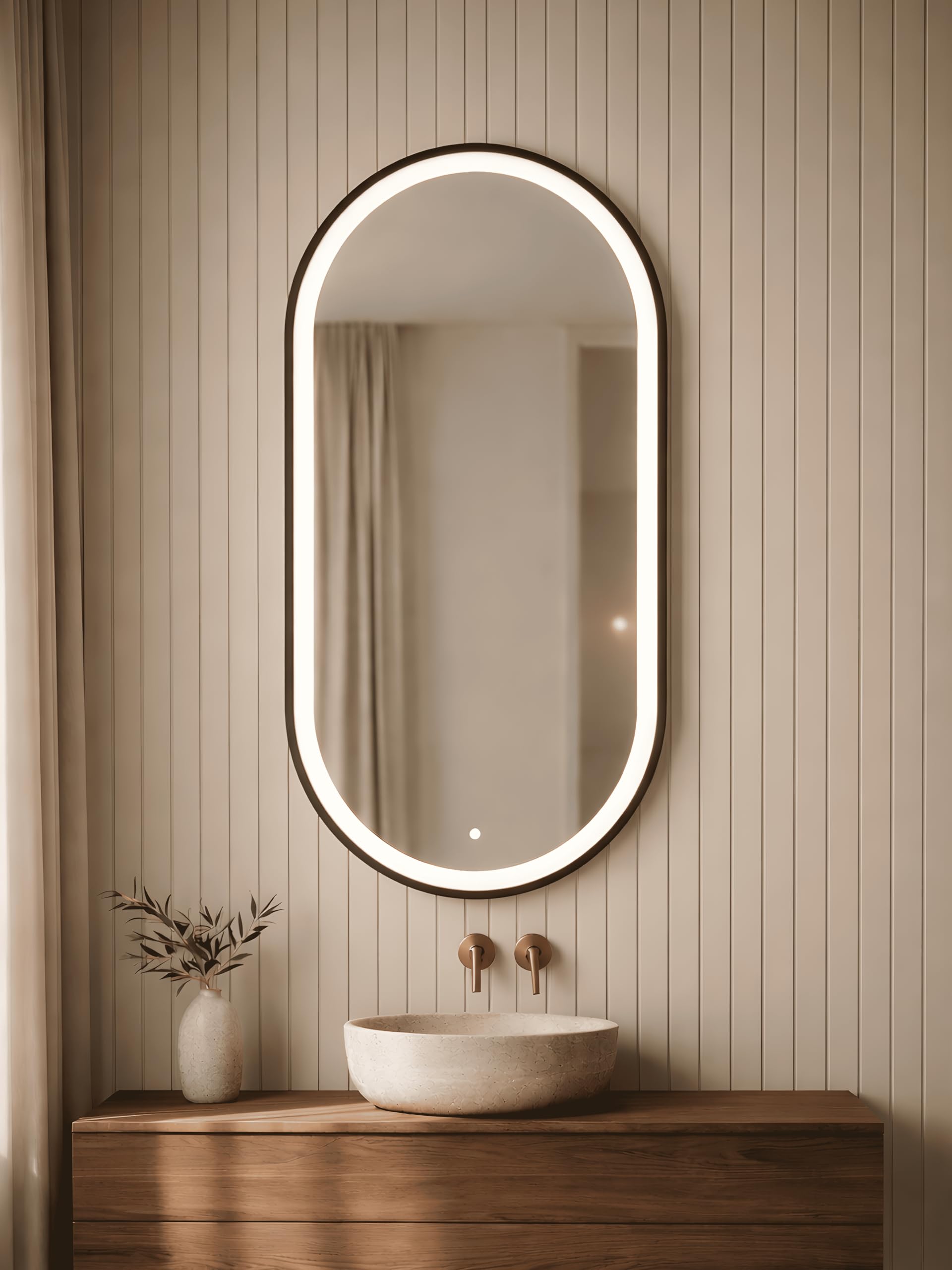 Capsule LED Mirror with Aluminium Frame (Black/Gold) | Designer Vanity Mirror with 3 Color Lighting | Premium Bathroom Mirror | Capsule Shape | 24 x 36 Inch (Warm Gold)-image-18