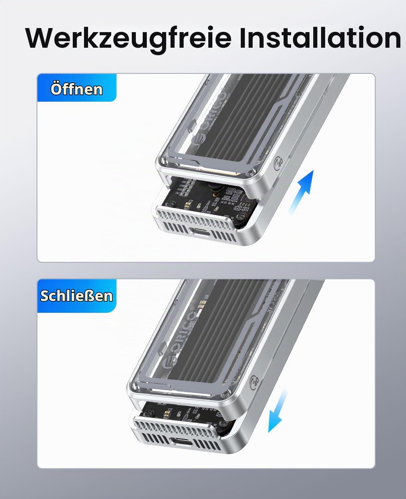 ORICO 40Gbps M.2 NVMe SSD Gehäuse, USB4 NVMe Gehäuse mit effizientem Kühlventilator, Unterstützung 2230 2242 2260 2280(M Key), Kompatibel mit Thunderbolt 4/3 USB4/3.2/3.1/3.0/2.0