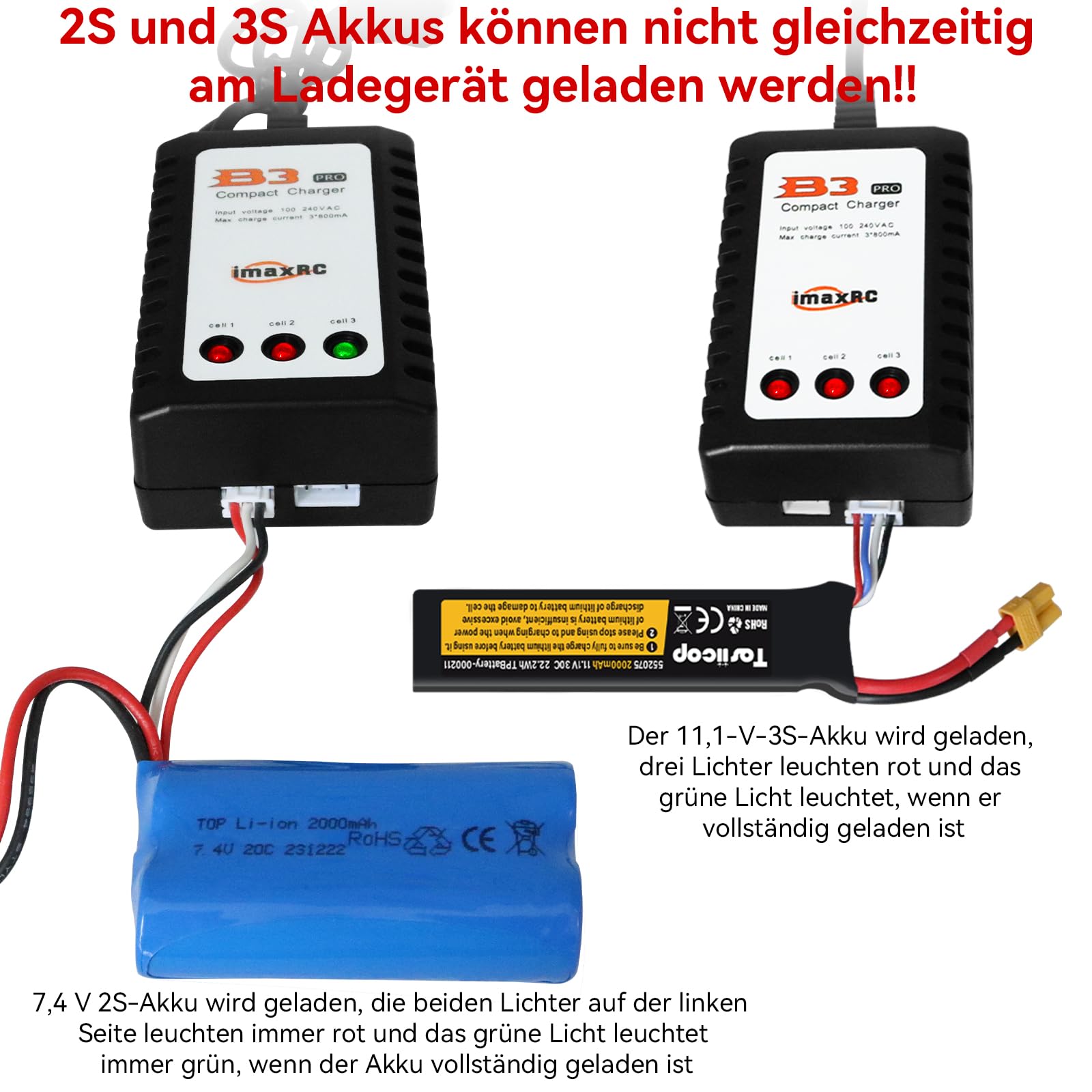 Caricatore Lipo B3, 10 W, per batterie 2S 3S (7,4 V, 11,1 Volt) RC Car Balancer Caricatore con spina XH3P e XH4P per RC Auto Drone Boat Airplane Monstertruck Quadcopter Airsoft - 3