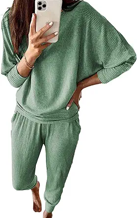 PRETTYGARDEN Women's Fall 2 Piece Lounge Set Long Sleeve Tops Ribbed Pants Spring Matching Sweatsuit Travel Outfits Clothes