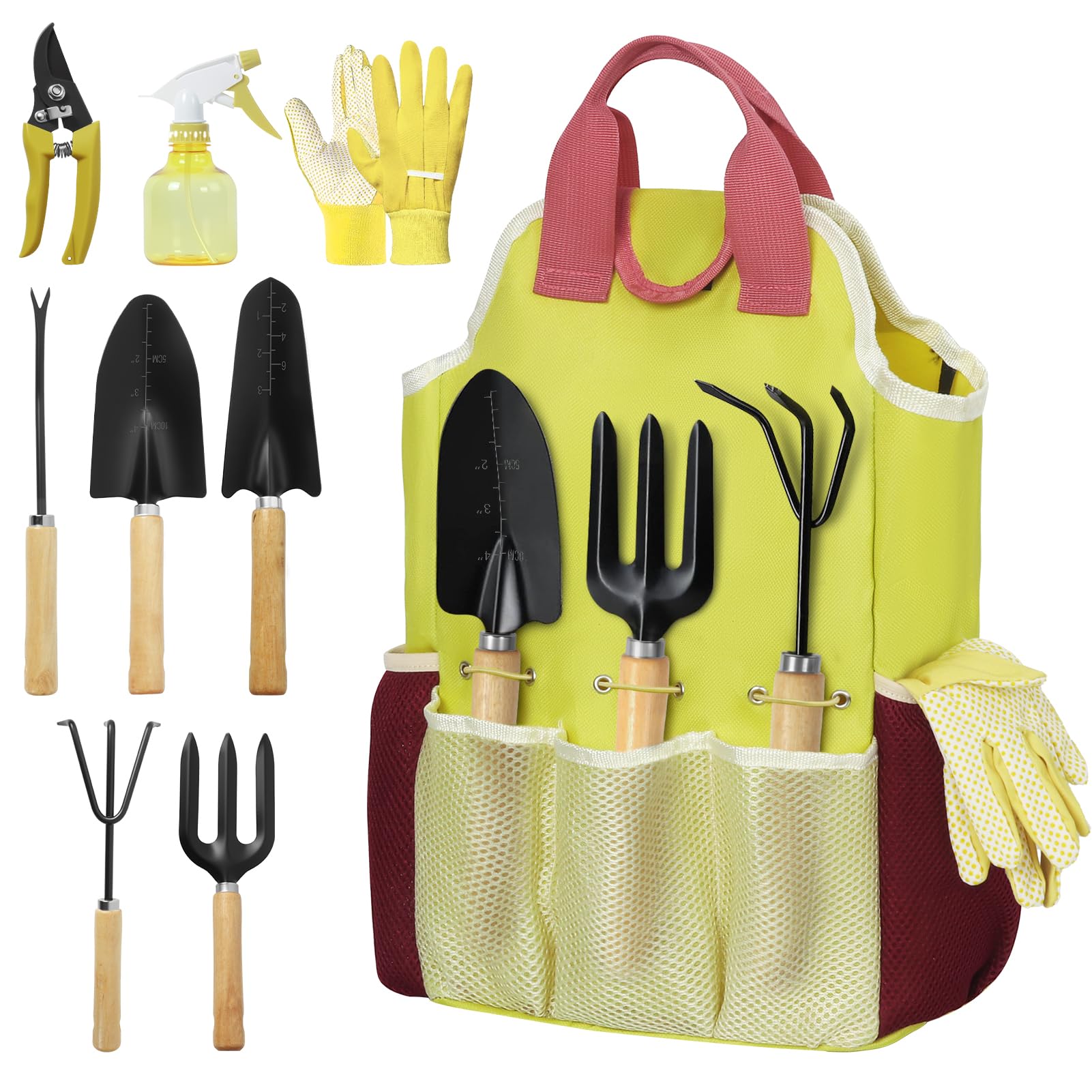 Juego de herramientas de jardinería de 9 piezas, juego de herramientas de jardín resistentes con mango de madera, kit de jardinería de alta calidad y duradero con elegante bolso, regalos de