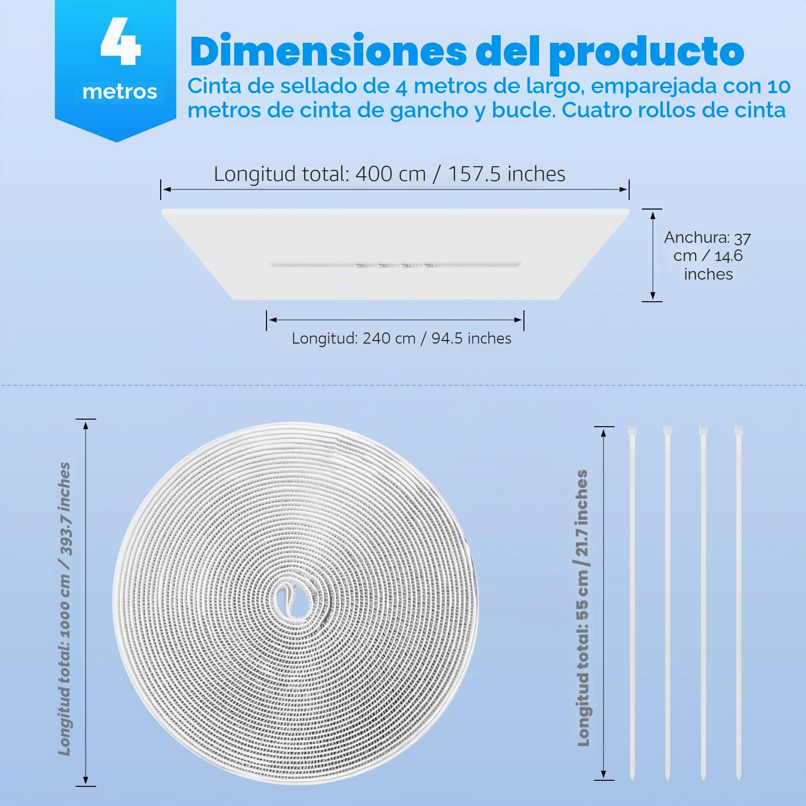 Cubierta Aislante de Tela para Ventanas 400CM para Aparatos De Aire Acondicionado Portátiles y Secadoras. Fácil Instalación con Cremallera y Cinta Adhesiva. Evita Aire Caliente