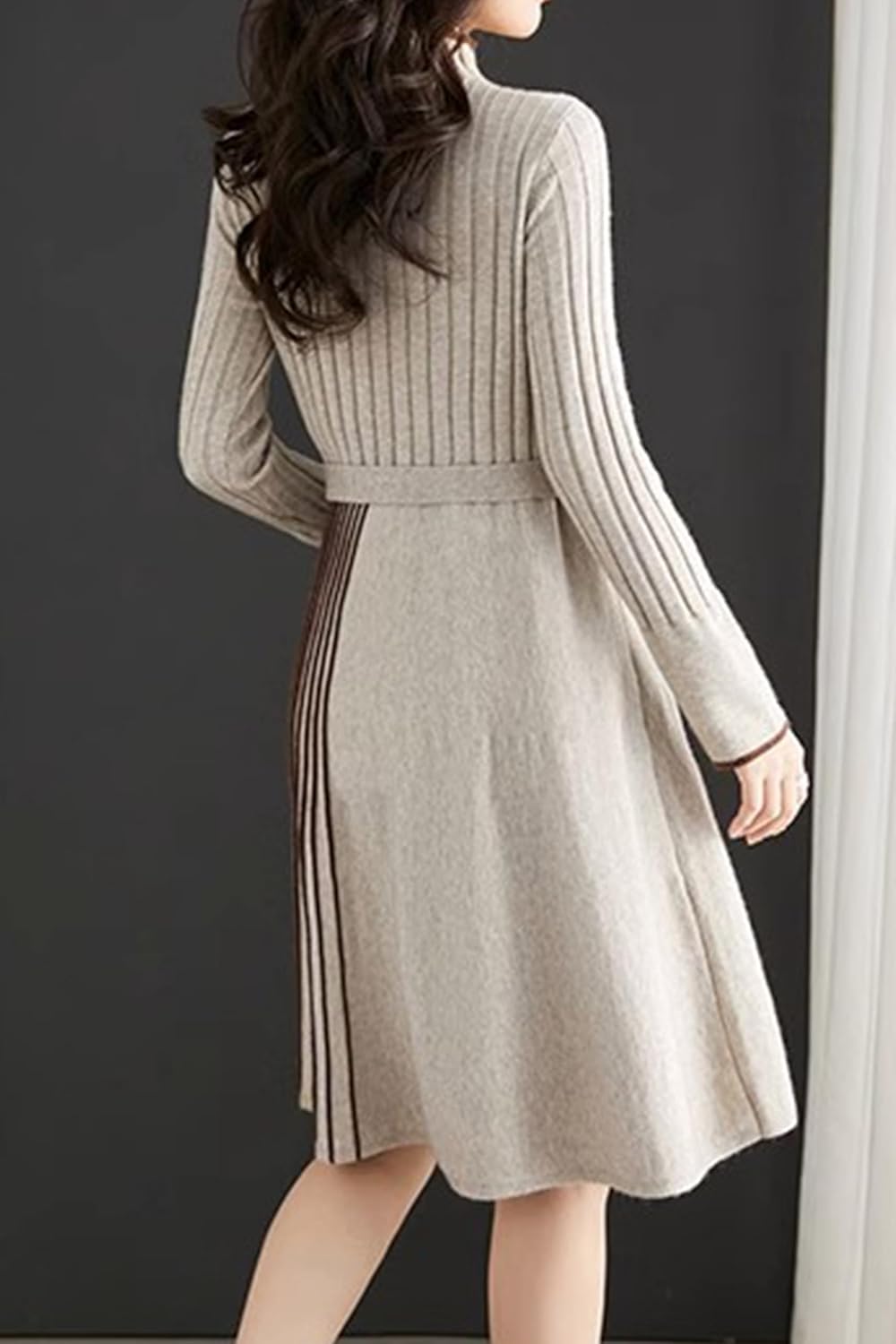 LAI MENG FIVE CATS Women's Elegant Long Sleeve Stripe Sweater Ribbed Knit Pullover Fall Midi Dress - Image 5