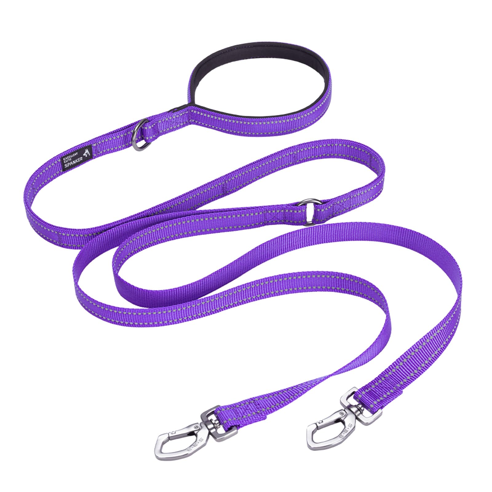 EXCELLENT ELITE SPANKER Laisse double réfléchissante en nylon avec poignée rembourrée pour deux chiens - 1,5 m - Violet