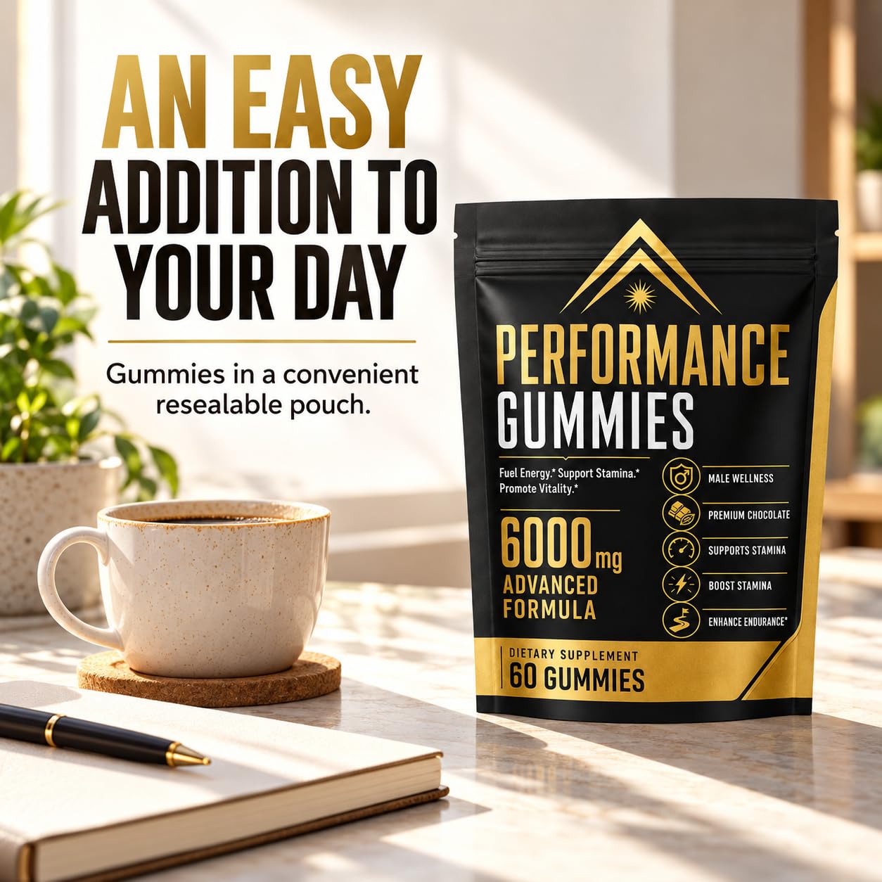 Performance Gummies 6000mg Advanced Formula with Shilajit, Maca, Ashwagandha, Panax Ginseng, Saffron & L-Arginine, Energy, Stamina & Vitality Support, Chocolate Flavor, 60 Count — Amazon image 4