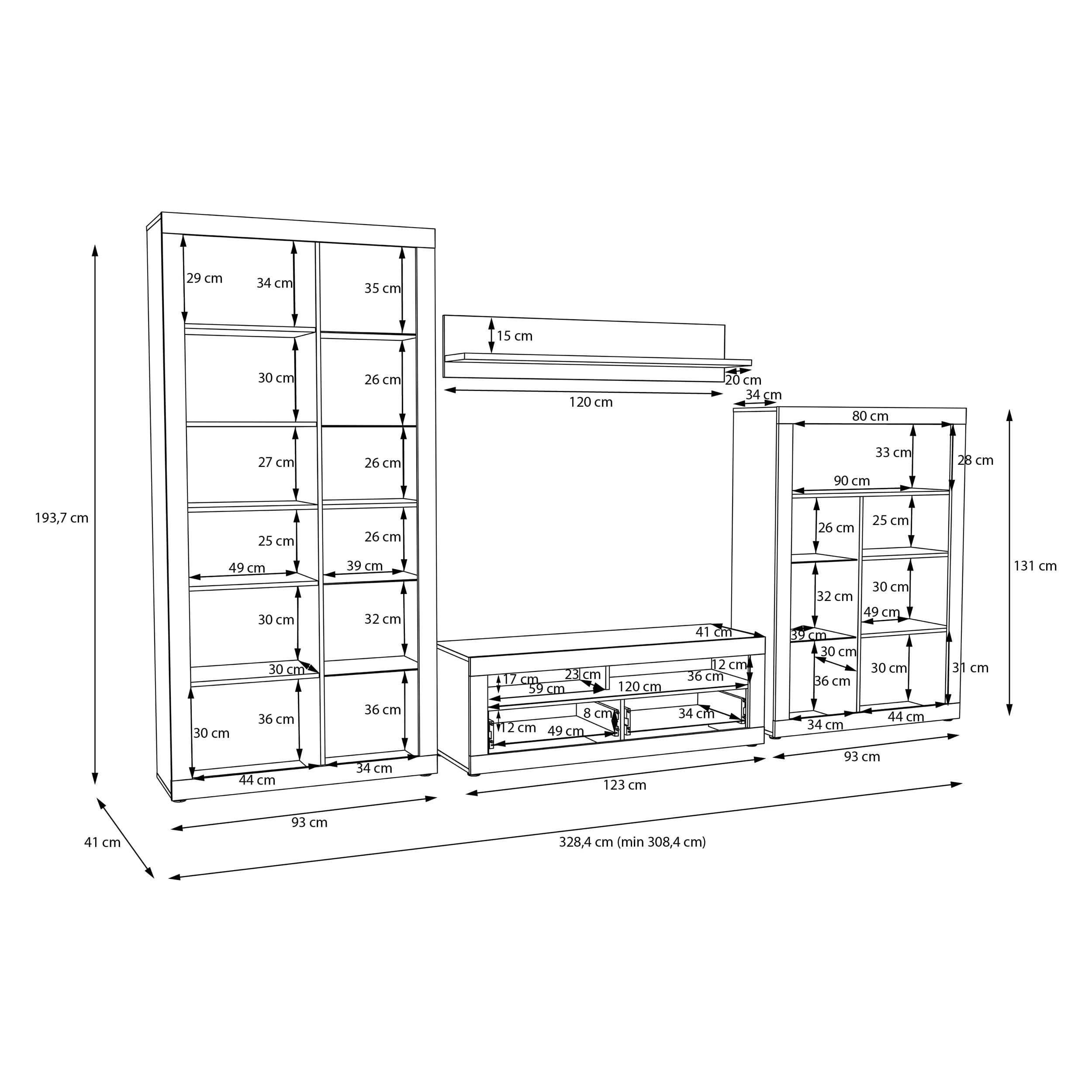 Forte Finley Wohnwand 330, Moderne Wohnwand mit TV Schrank, Vitrine, Wandpaneel und Kommode, Holzwerkstoff, Weiß mit Betonoptik Akzenten, 328,4 cm breit x 193,7 cm hoch x 41 cm tief