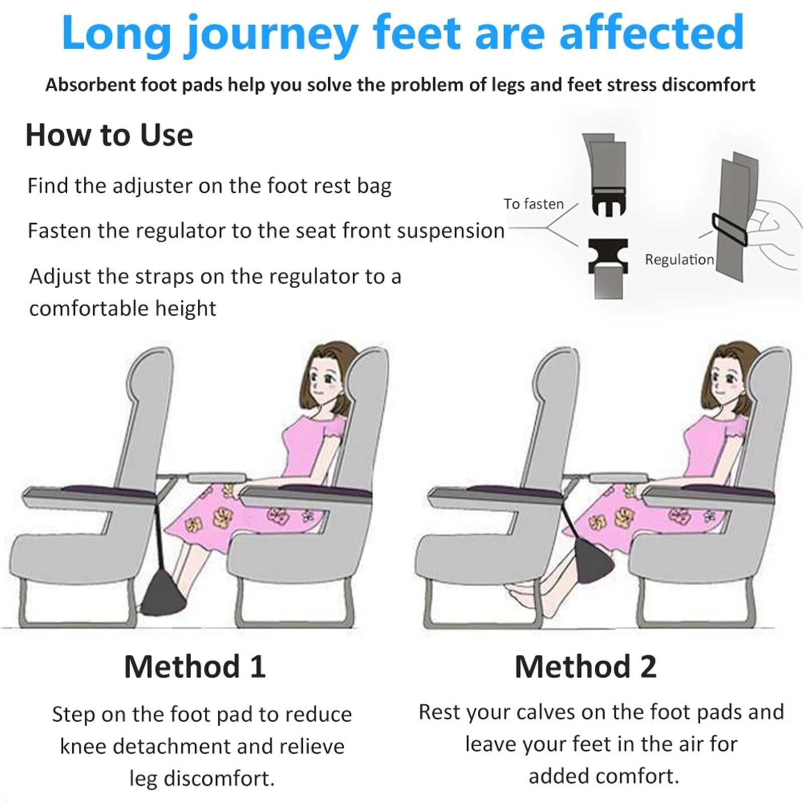 Reposapiés de avión for viaje, hamaca for pies ajustable con bolsa almacenamiento, pierna descanso, longitud, 2 uds