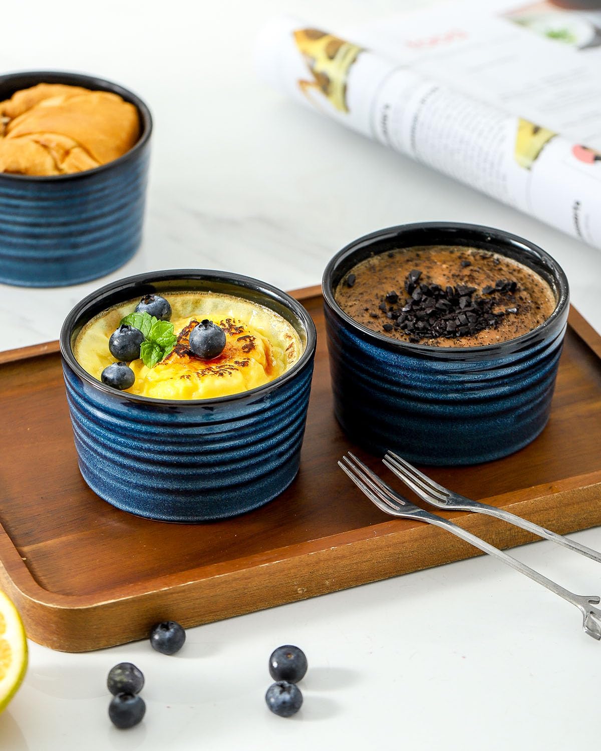 glowworm Ramequines de 8 onzas para soufflé de crema brulee, tazas de porcelana para hornear, cuencos de ramequines de estilo moderno aptos para horno, juego de 6, azul