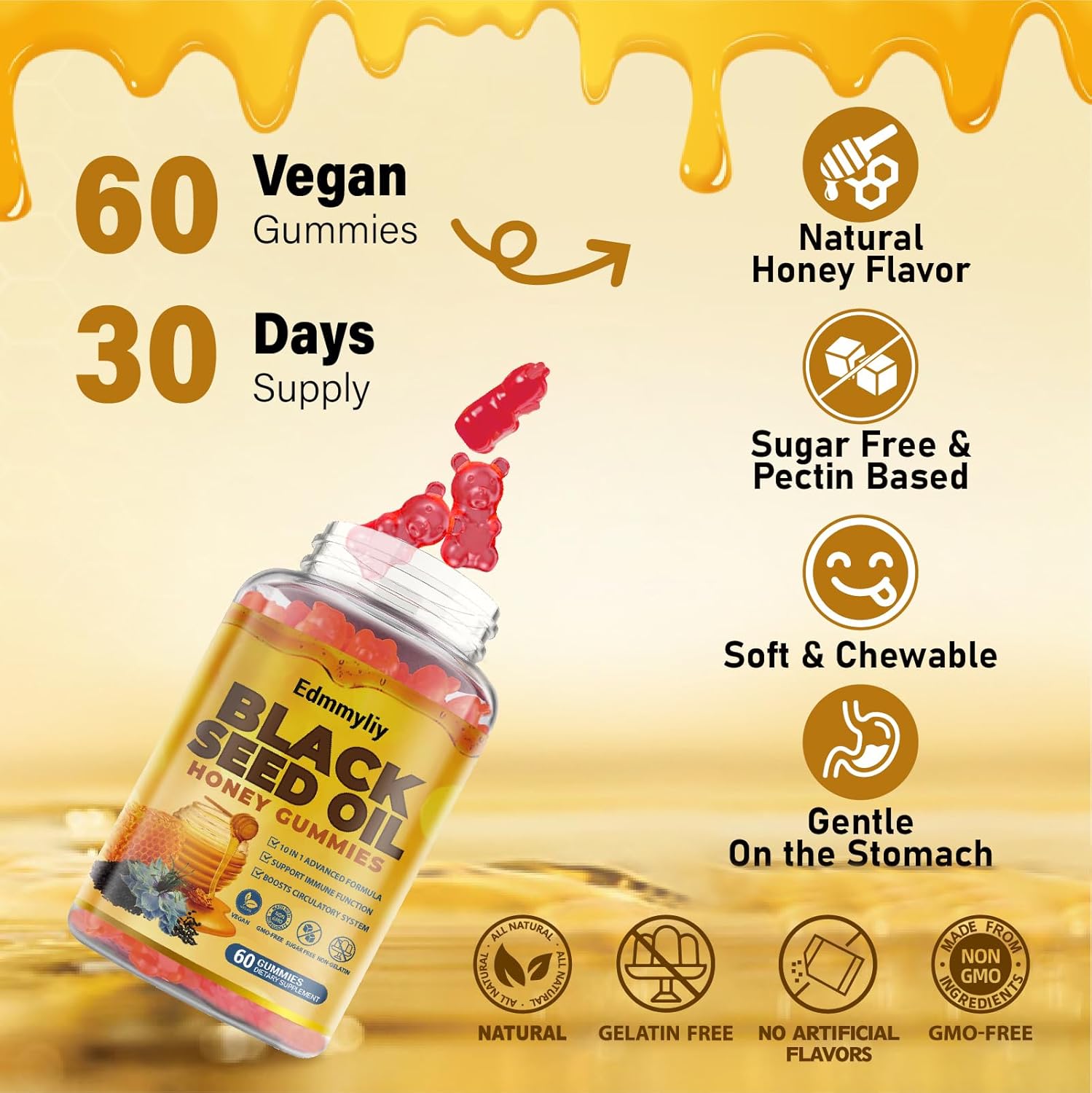 Black Seed Oil & Honey Gummies - Black Seed Oil 500mg with Biotin, Ashwagandha Extract, Turmeric Extract, Vitamin C & B6 - Supports Immune & Digestion