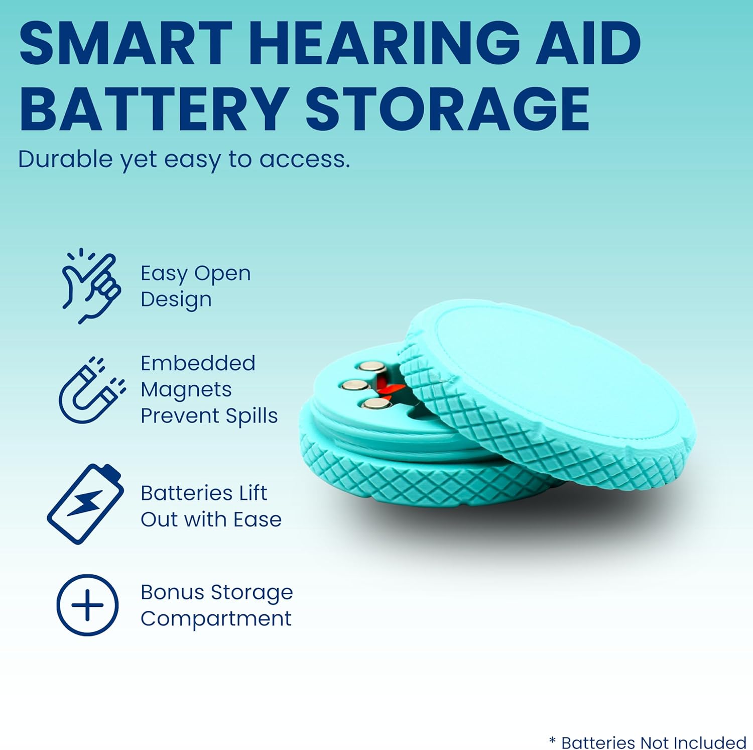 Hearing Aid Battery Case for Size 13 Batteries | Embedded Magnets for Secure and Easy Access | Custom Color Organizer | Slim Caddy for Pocket or Purse (Turquiose) (2 Pack)
