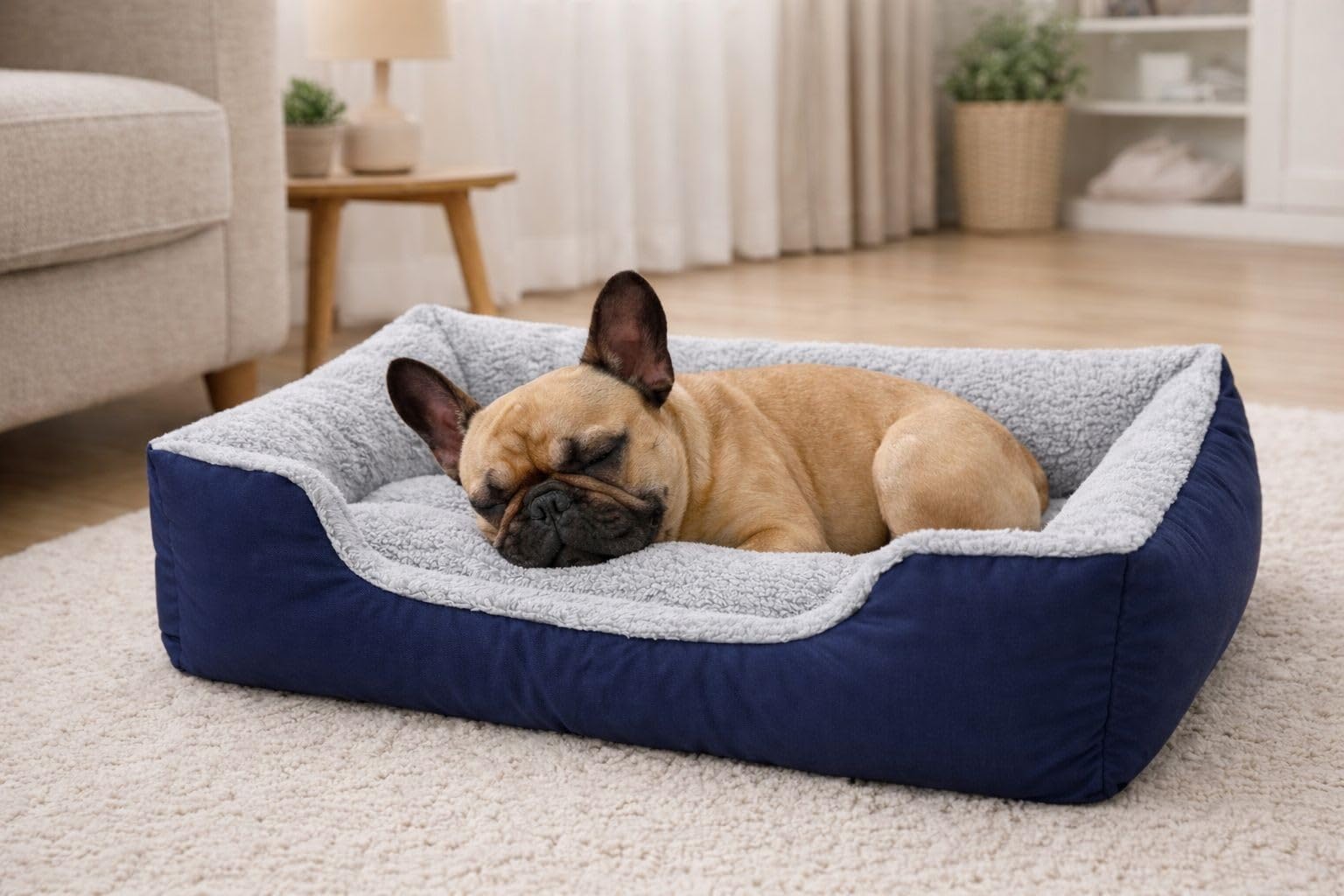 Soodie&Zuzu's Dog Bed Basket with Plush Fleece Lining, Non-Slip Base, Fibre Filled Pet Bed Basket for Dogs & Puppy - Navy, 75x58x17cm