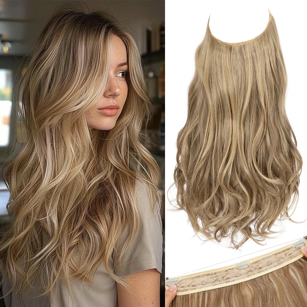 SARLA Invisible Wire Hair Extensions with 3 Clips Short Wavy Curly Synthetic Hairpiece for Women Adjustable Transparent Headband 14 Inch Sand 14 Inch (Pack of 1) Sand