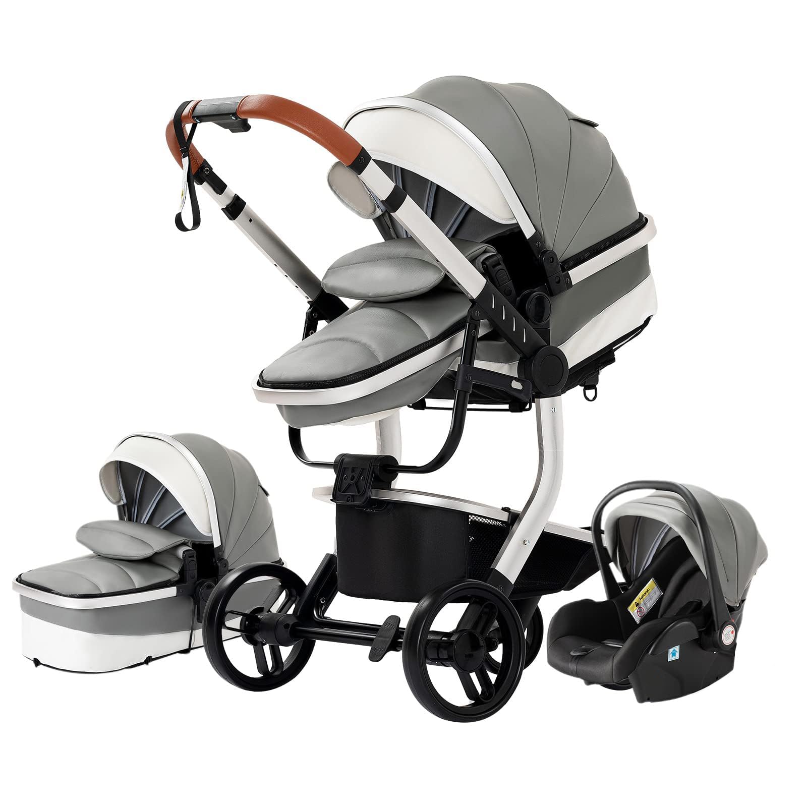 Magic ZC Pelle PU Passeggino Trio, Passeggino 3 in 1 con Spinta Reversibile a Due Vie, Trio Passeggini Neonati con Accessori, Carrozzina per Neonati con Design Portatile Pieghevole Un Clic (518 Grey)