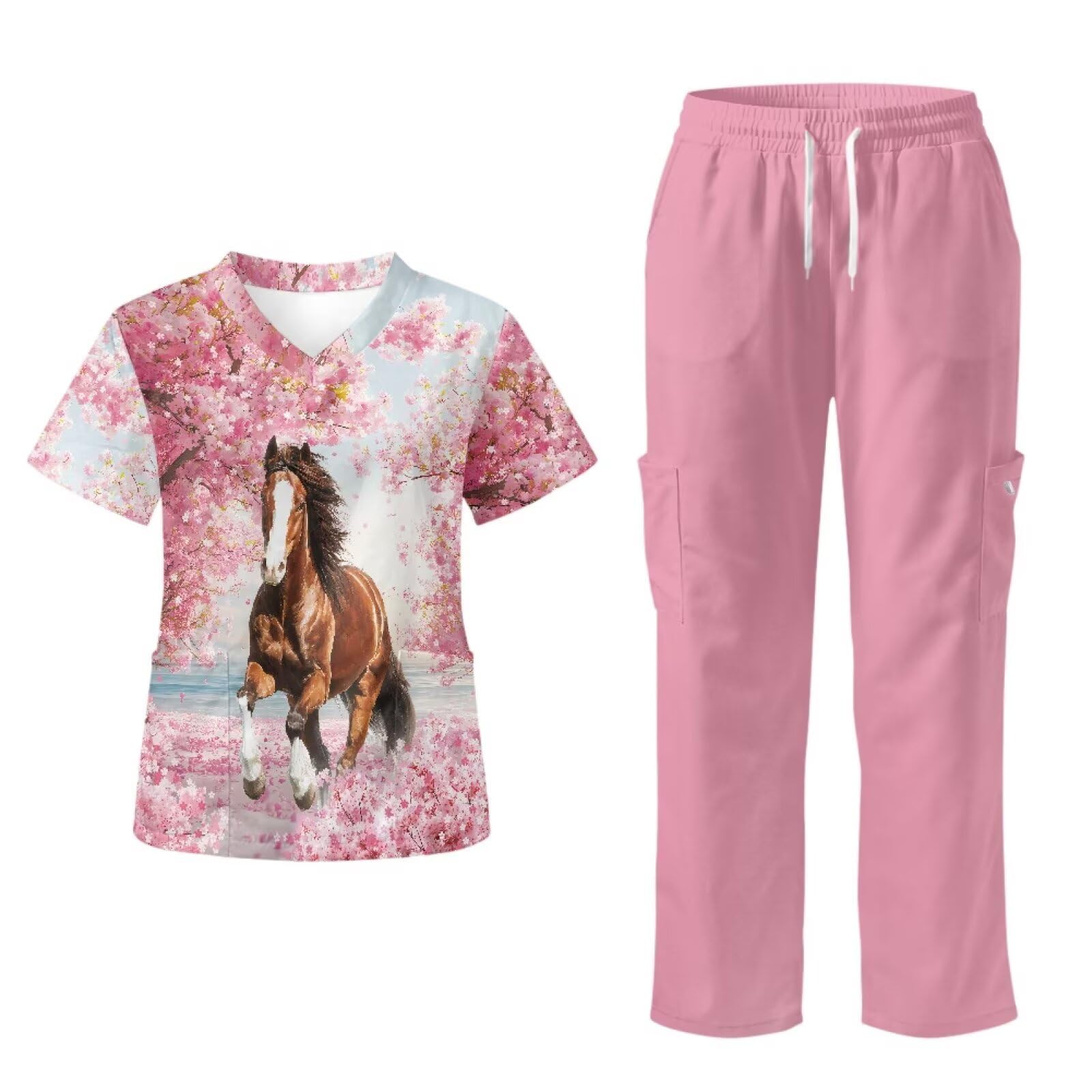 Set di scrub per cavalli da donna, comodi scrub medici per operatori sanitari, a bassa manutenzione e resistenti alle pieghe, rosa