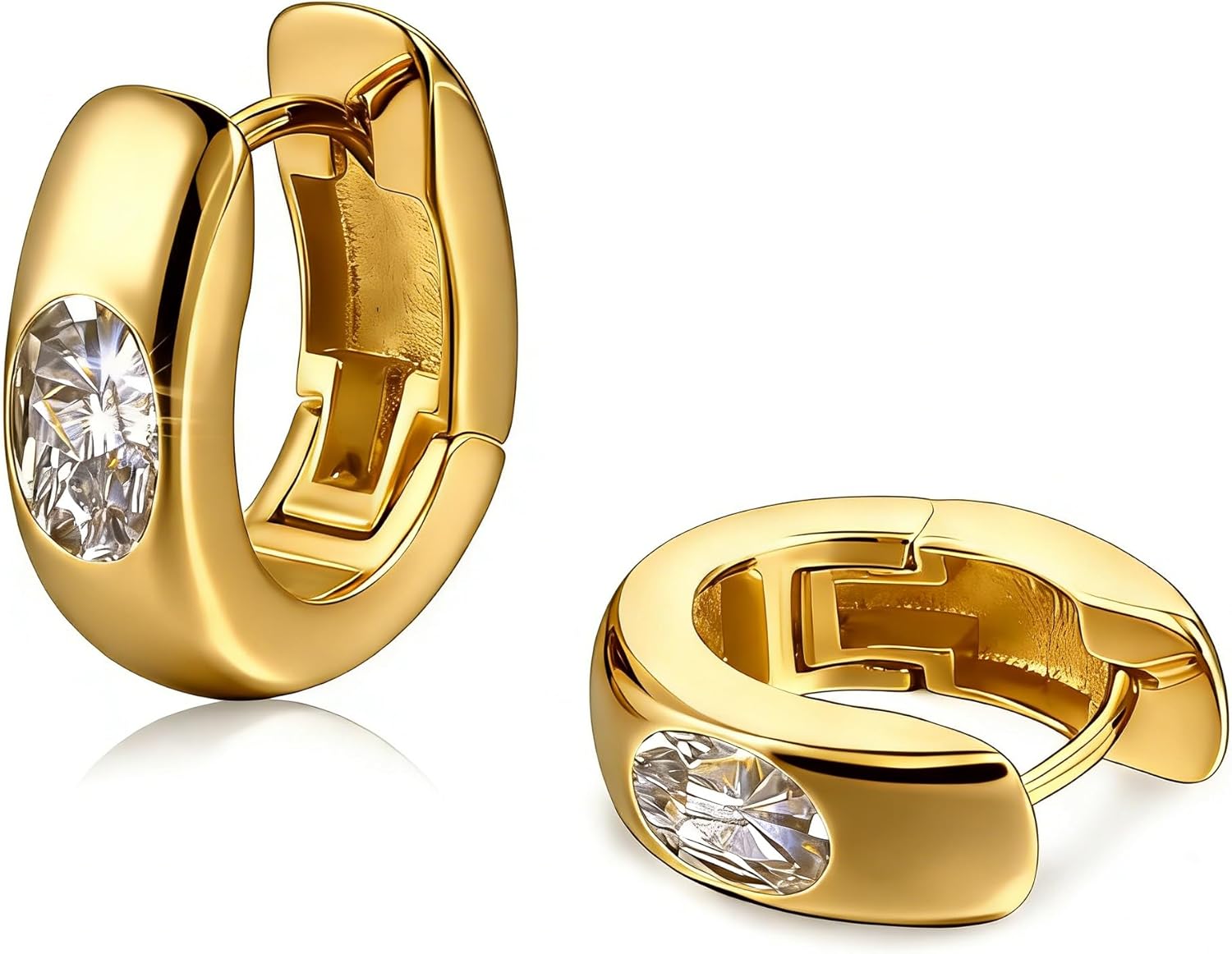 18K Gold Plated S925 Silver Posts Chunky Oval Hoop Earrings, Hypoallergenic Snap Back Minimalist Hoops for Women