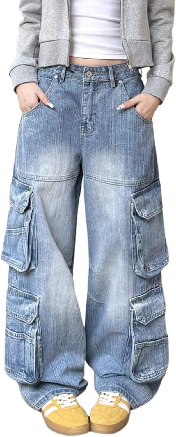 Baggy Cargo Jeans for Women Men Y2K Cargo Denim Sweatpants Low Rise Wide Leg Pants Streetwear Clothes