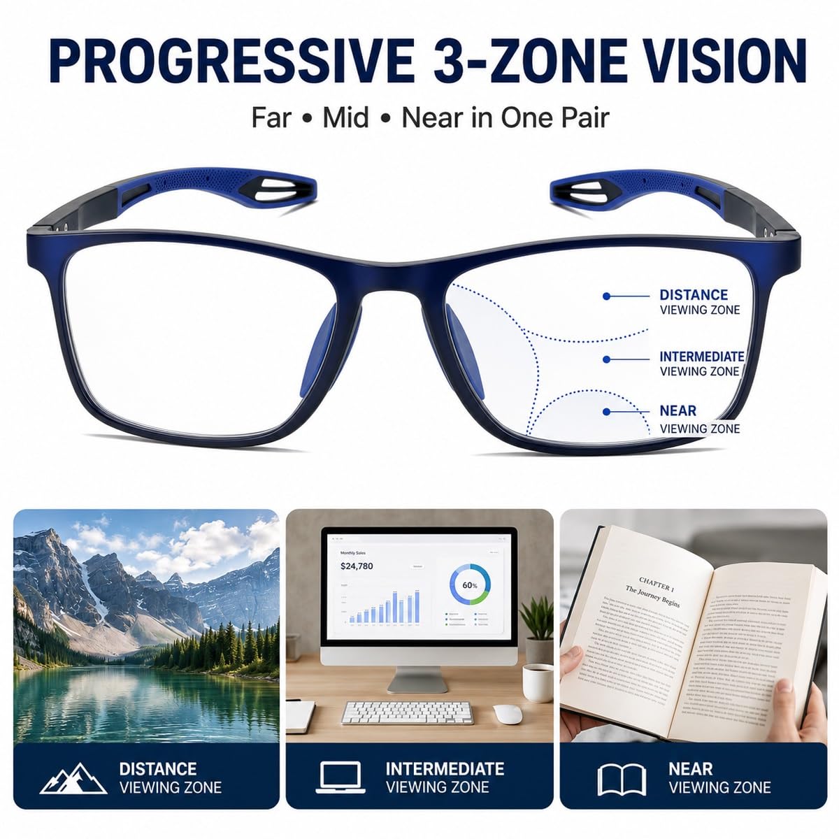 Generisch 3er-Pack Progressive Multifokus Lesebrille Damen Herren, Selbsttönende Sonnenlesebrille, Blaulichtfilter, Federscharnier TR90