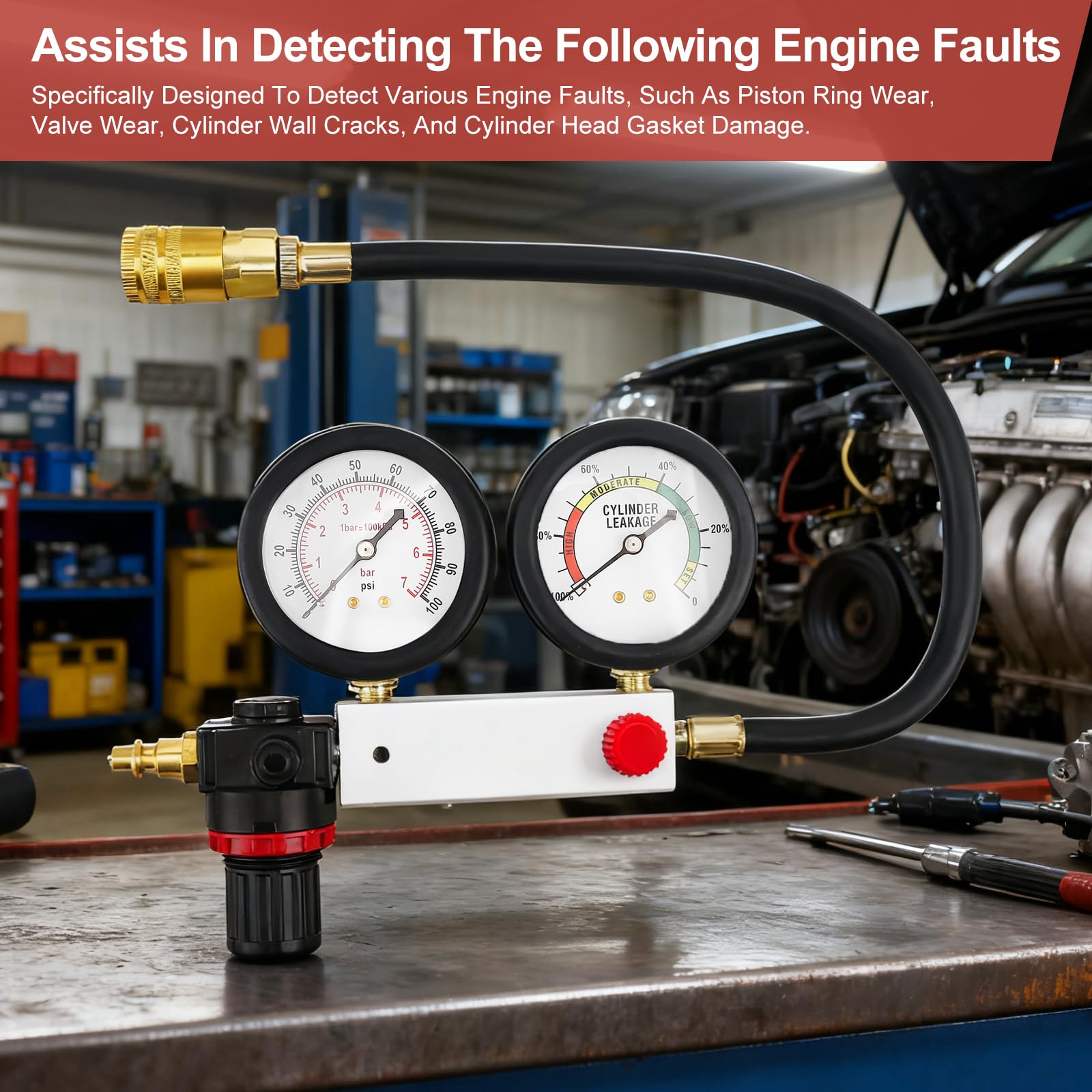 TU-21 Kit de Prueba de Fugas en Cilindros para Motor de Gasolina Probador de Compresión Automotriz con Dos Manómetros Juego de Detector de Fugas para Prueba de Presión y Tasa, 0-100PSI | 0-7Bar