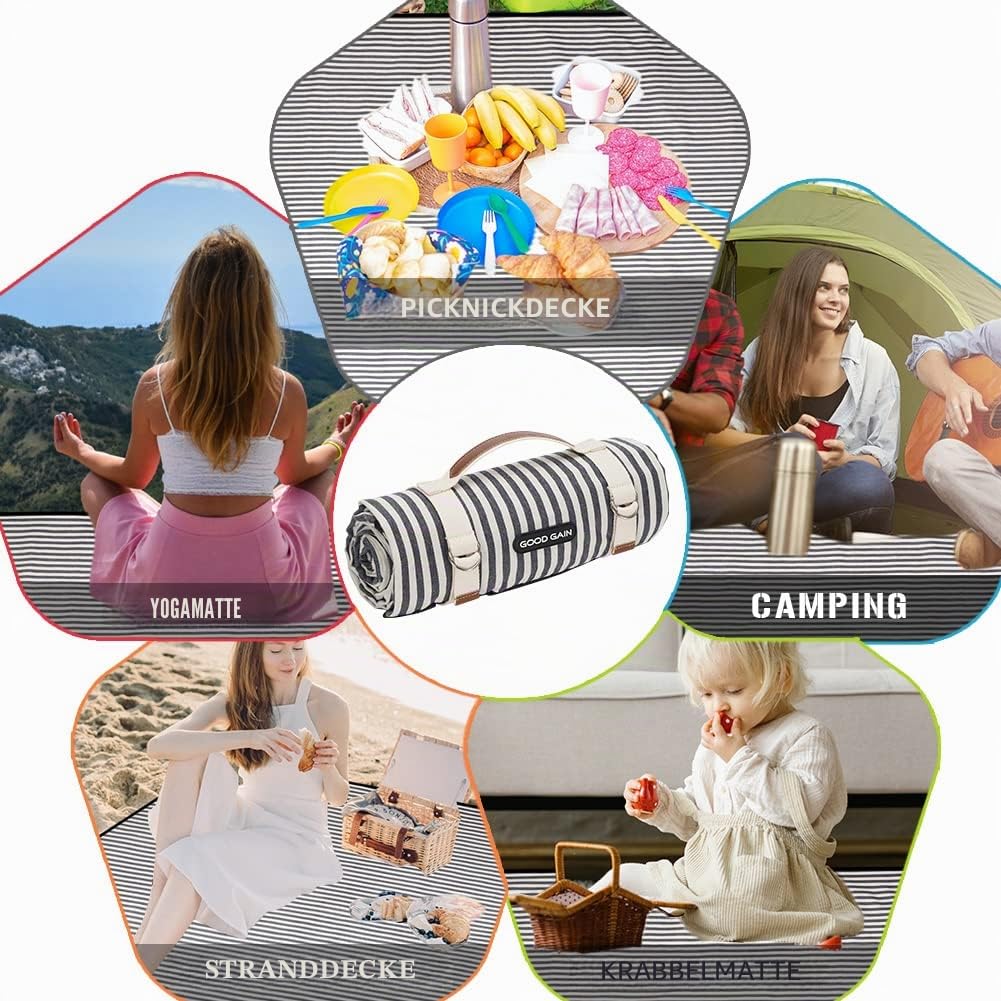 G Good GAIN wasserdichte und tragbare Picknickdecke mit Tragegurt, Strand- oder Familien-Campingmatte, extra große Faltbare Picknickmatte, sanddicht zum Wandern, 145 x 200 cm