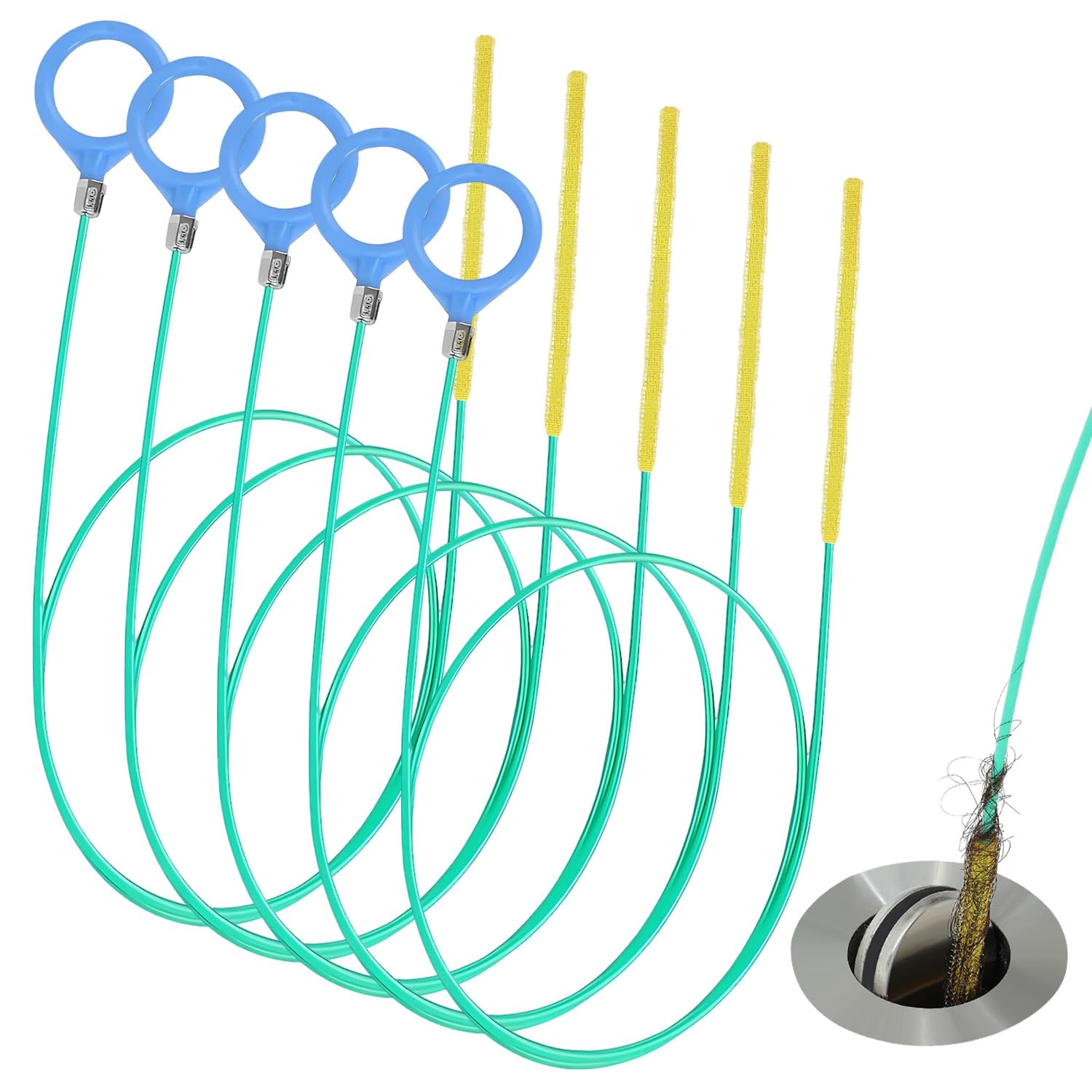 5 Stück Abflussreiniger Spirale, 90cm Rohrreinigungsspirale Sticks Anti-Bruch Stahl Nylonbeschichtung, Abflussreiniger und Haarfänger,für Badewanne Abwasserkanäle Waschbecken