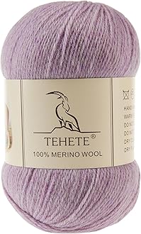 TEHETE 100% Merino Wool Yarn for Knitting 3-Ply Luxury Warm Soft Lightweight Crochet Yarn(Light Purple,1Ball)