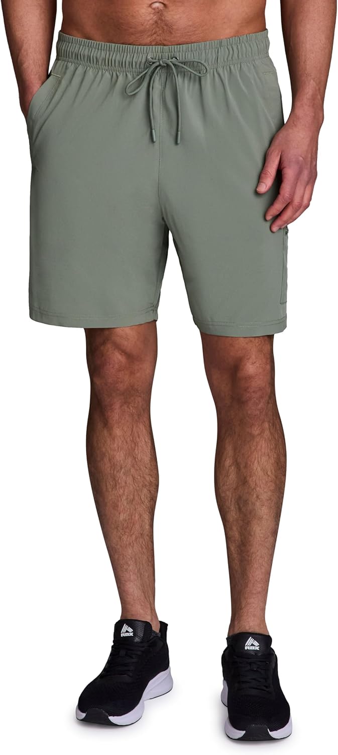 RBX Active Cargo-Style Workout Shorts for Men, Woven Gym Basketball Shorts with Drawstring Waistband, Zipper Pocket