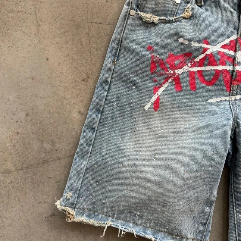 Men's Baggy Jorts Y2K Distressed Denim Women's Graffiti Spray Paint & Bling | Raw Hem Goth Grunge Fashion