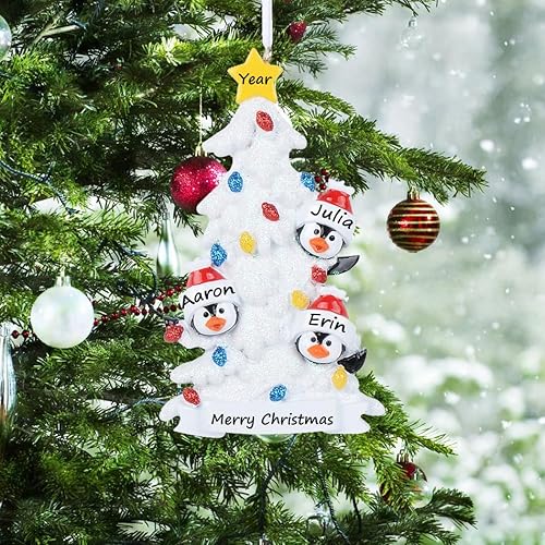 Miniatura 2 de Adorno de Navidad personalizado de familia de 3 pingüinos, lindo adorno familiar de pingüinos, adorno de árbol de Navidad blanco de poliresina,