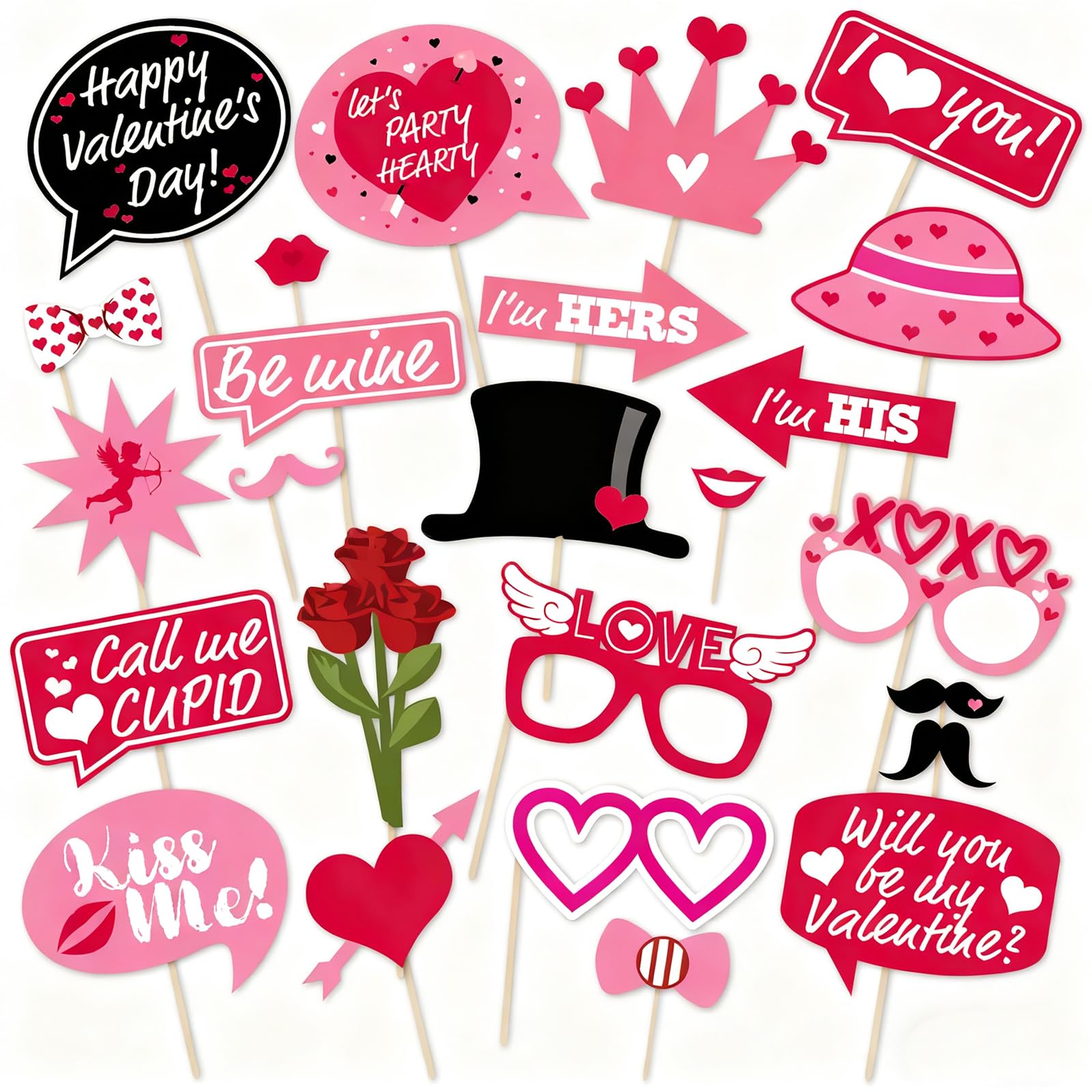 Valentine‘s Day Photo Booth Props Kit 25 Pcs, Selfie Props with Hearts Rose Glasses Lips Mustache Hat for Valentines Theme Party, Wedding, Anniversary, Bridal Shower Photography Decorations Supplies