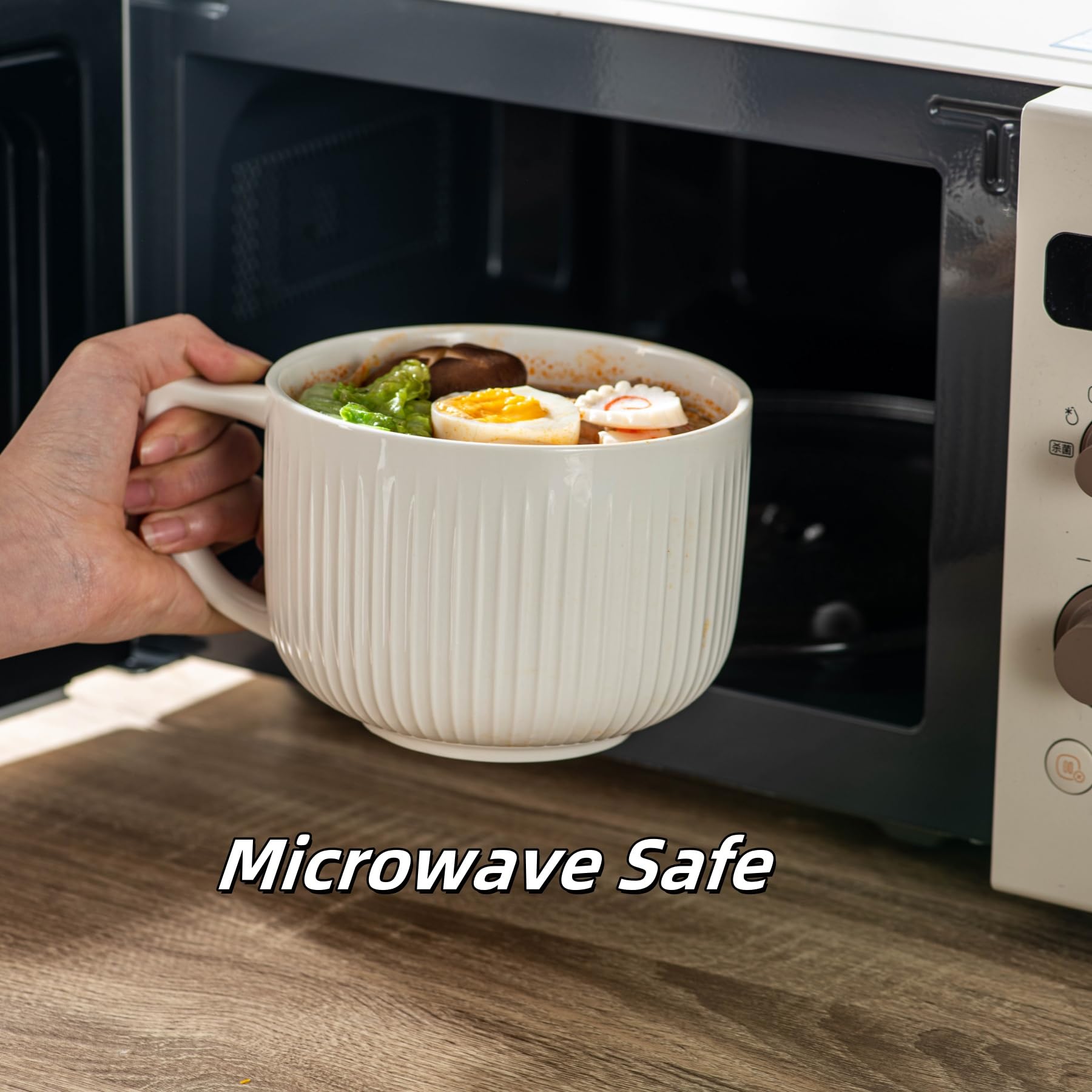 Tazón de sopa de cerámica con asa y tapa, jumbo de 38 onzas para microondas para ramen, juego de 2 | Taza de sopa con mango en D ancho y cómodo para fideos, avena, ensalada, recipiente de sopa para almacenamiento de sobras