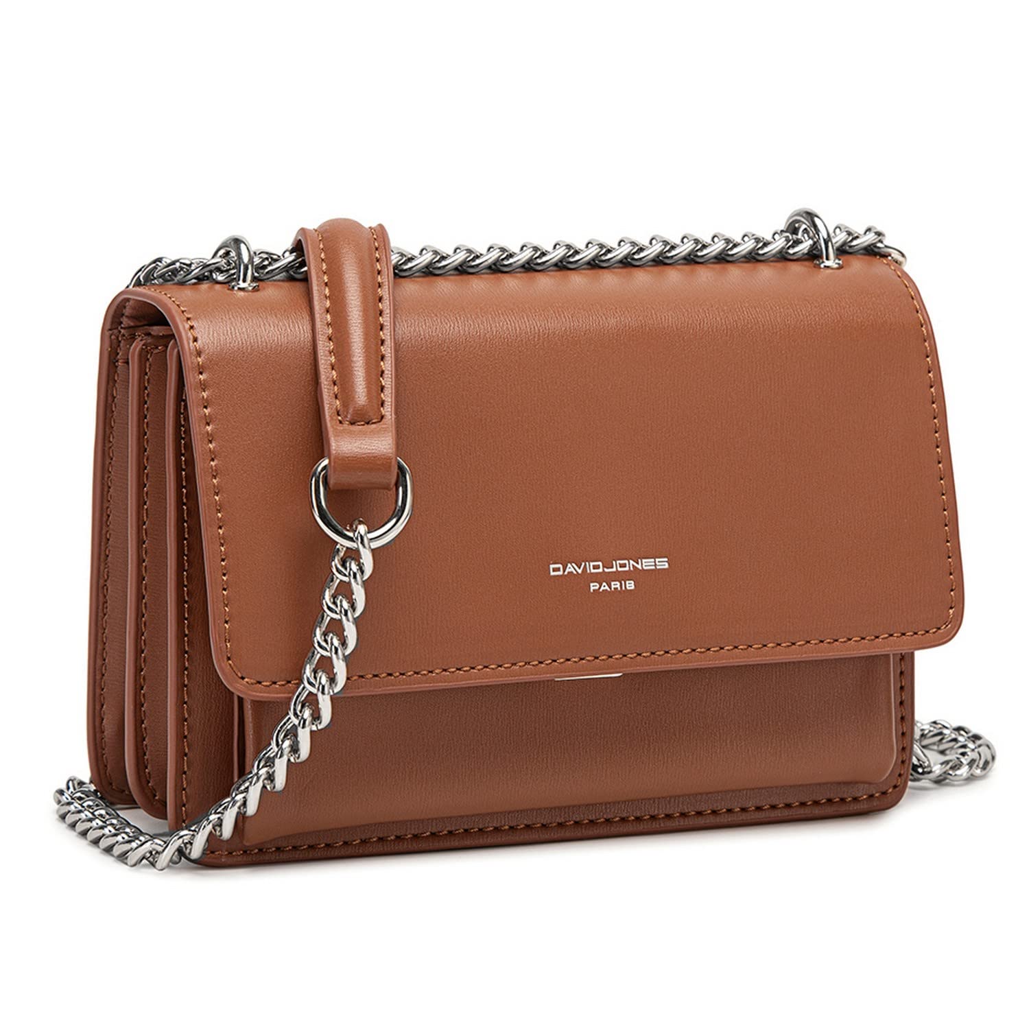 David Jones - Damen Kleine Umhängetasche - Crossbody Bag PU Leder Frau - Ketten Handtasche Mini Tasche Klappe - Elegante Schultertasche Mode Abendtasche - Alltag Reise Schick Stilvoll - Cognac Braun