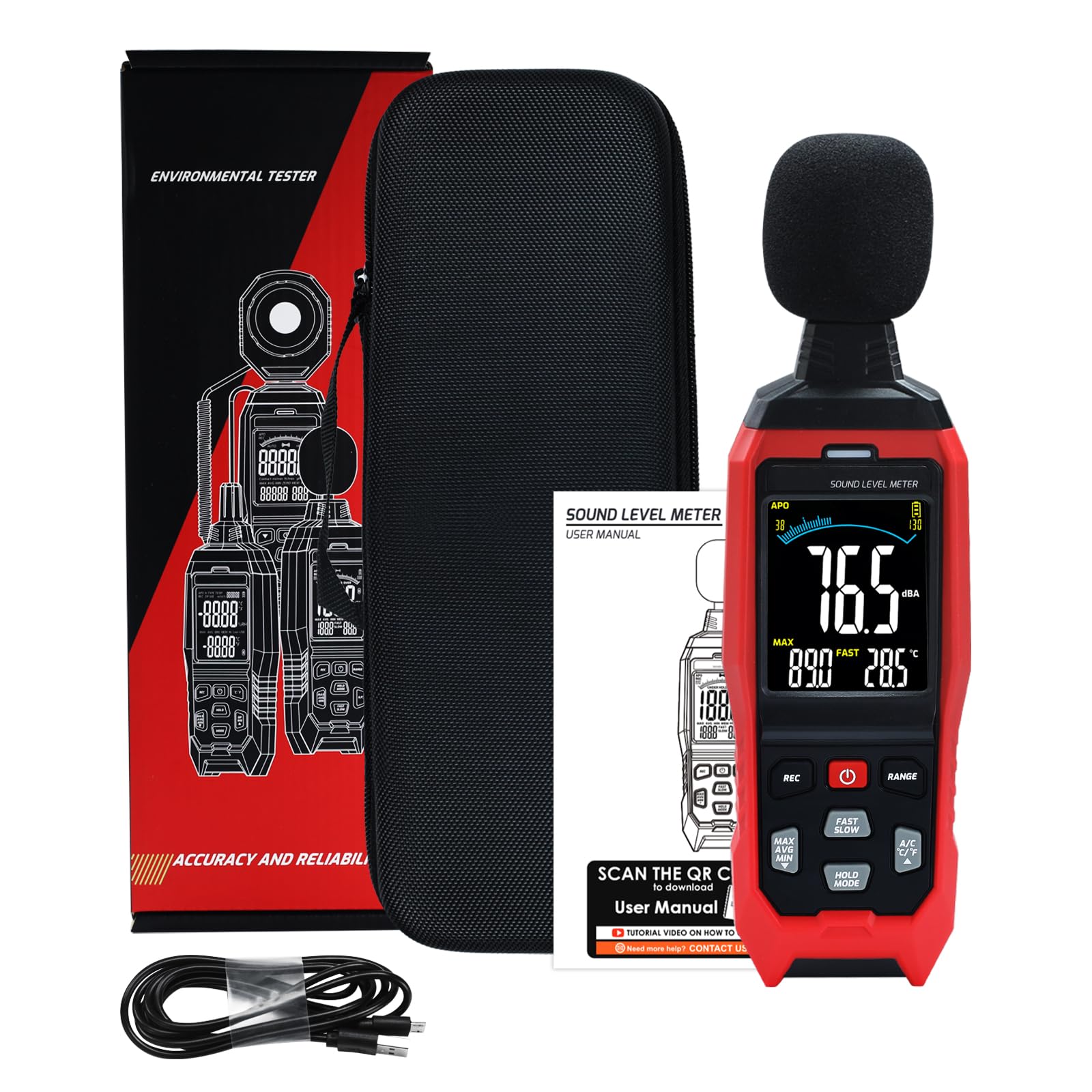 Digitales Schallpegelmessgerät SPL 30-130 dB mit MAX/MIN/AVG Datenspeicherung und LCD-Display, ideal für Zuhause, Fabrik und laute Nachbarn