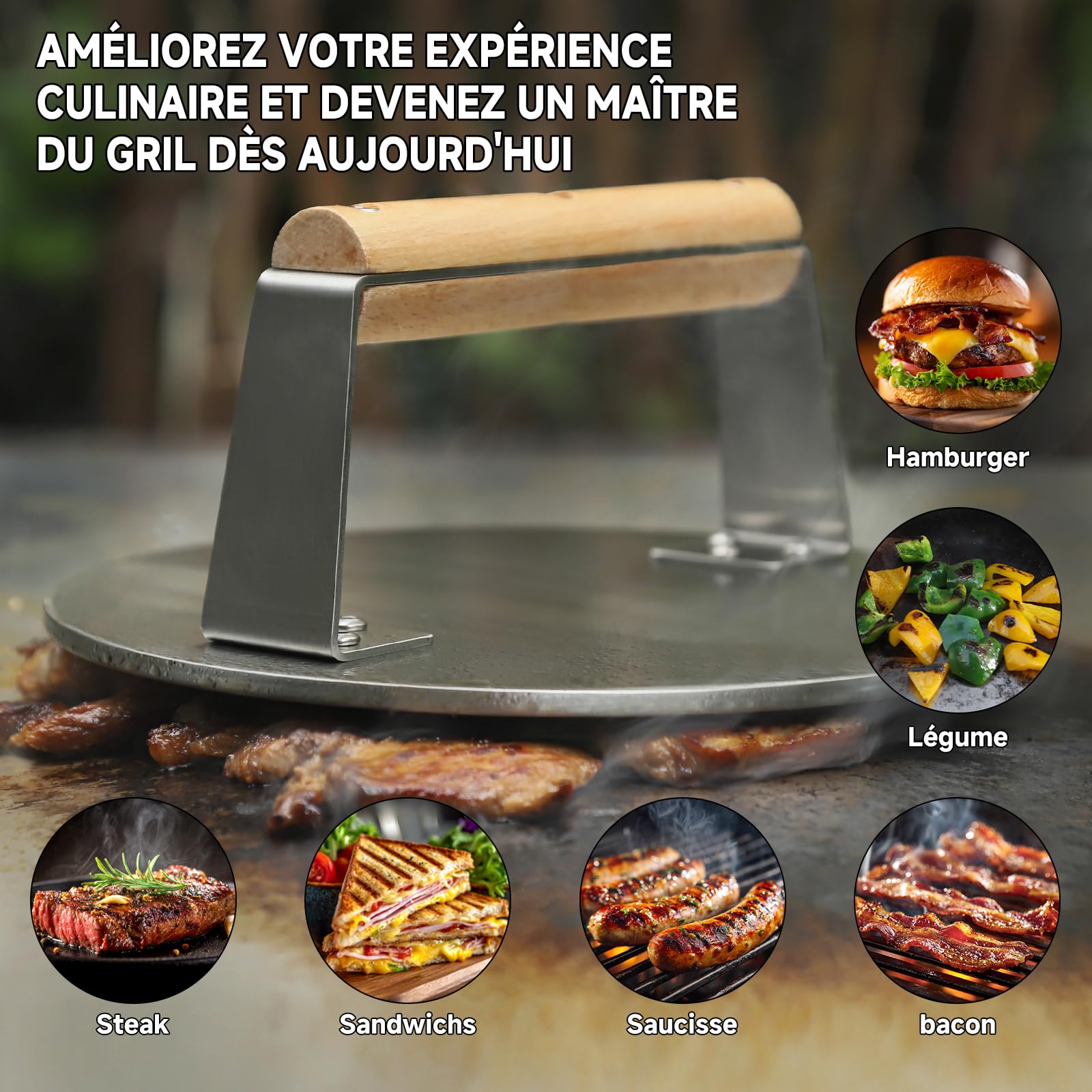 SKY FISH Presse à hamburger Smash en acier inoxydable, 1 650 g, presse à bacon et hamburger robuste avec poignée en bois, outil de presse pour barbecue de 21,6 cm pour steak, viande et crêpes