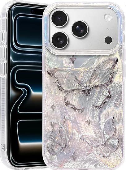 I-MGAE-IN-AR Compact Case for iPhone 17 Pro Shiny Silver Butterfly Design
