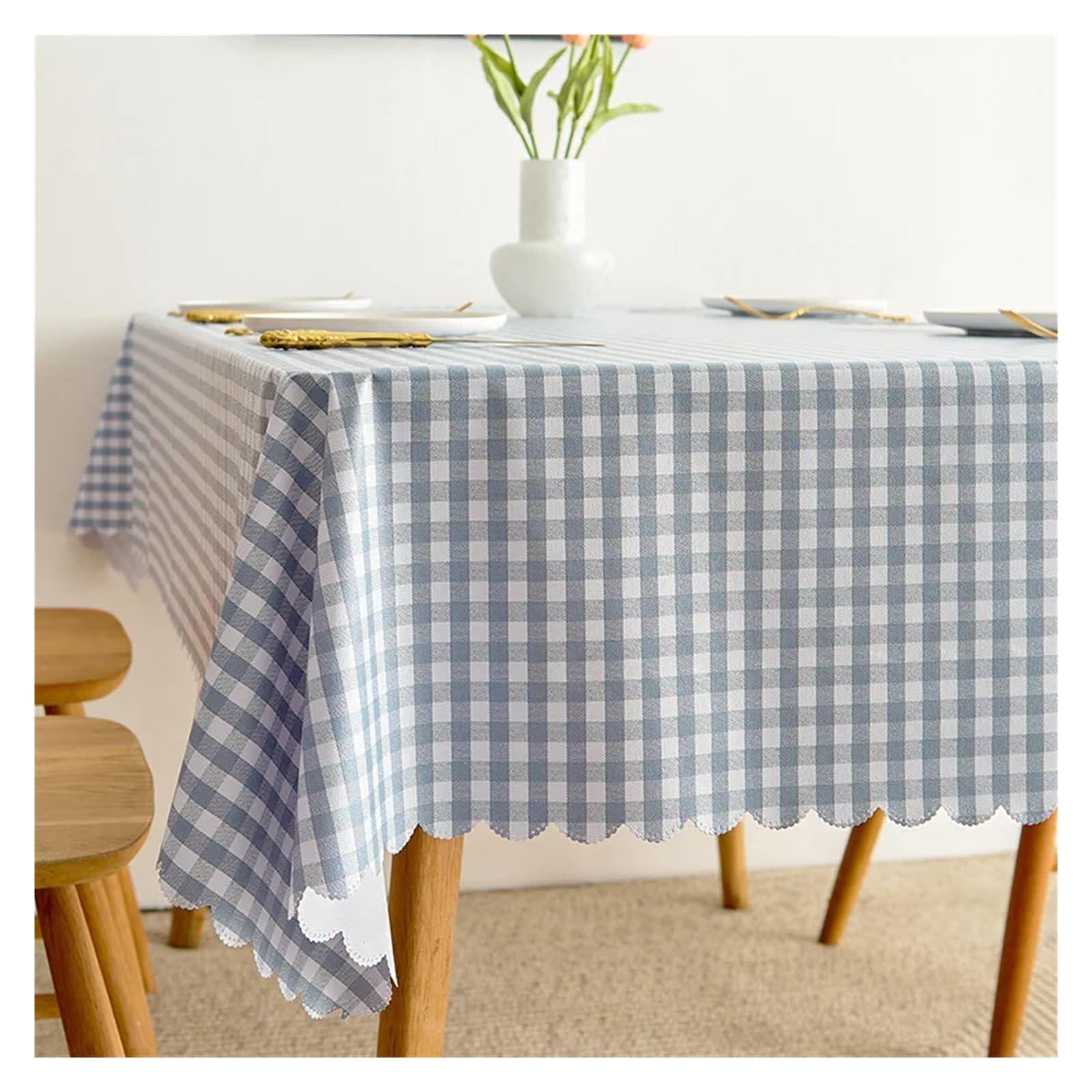 Mzsklw Blue Grey Grid Waterproof Tablecloth Pvc Square Tablecloth Rectangle Waterproof Table Cloth Tabletop Cover Oil Proof Wipeable Covers(,140X180cm)