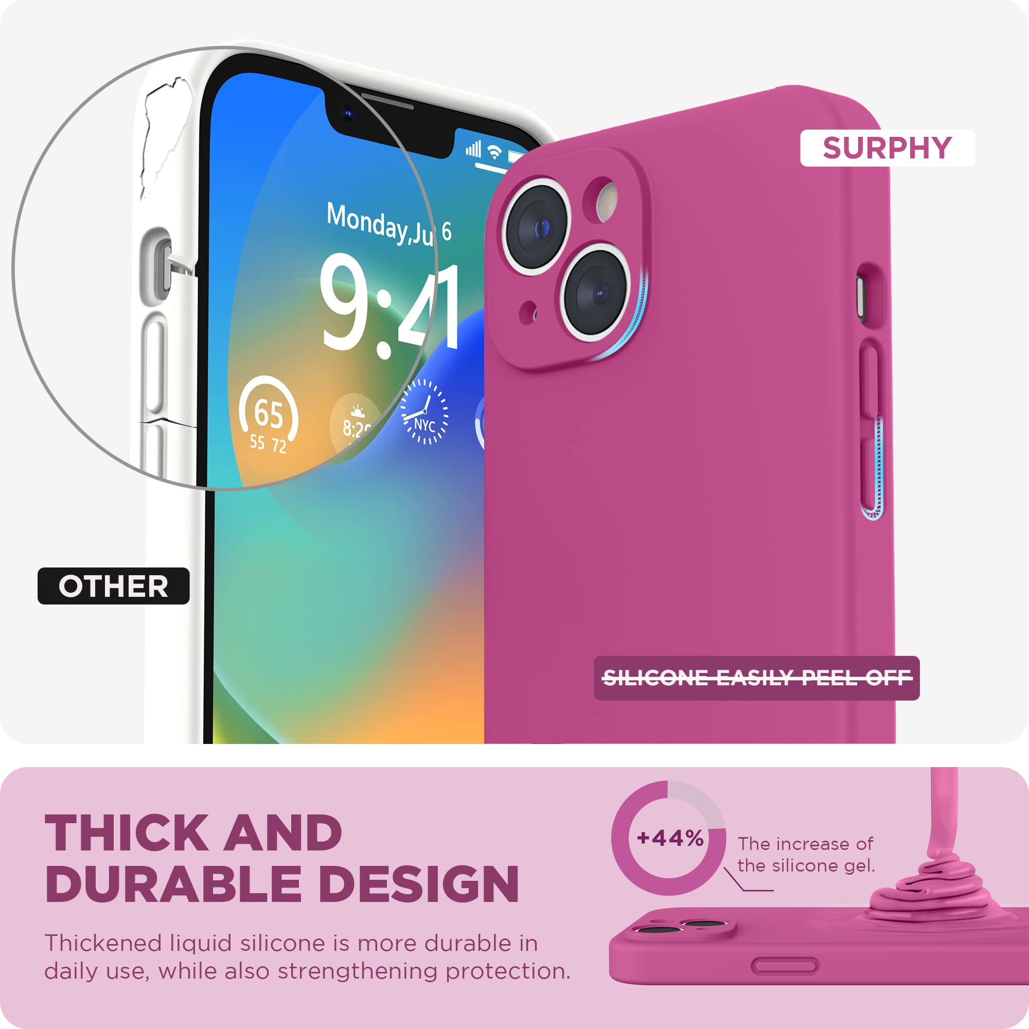 SURPHY Silicone Cover per iPhone 14 6.1 Pollici, con 2 Vetro Temperato, Custodia Antiurto per iPhone 14, con Protezione per Ogni Lente Full Body Protettiva Case per iPhone 14 2022, Rosa caldo