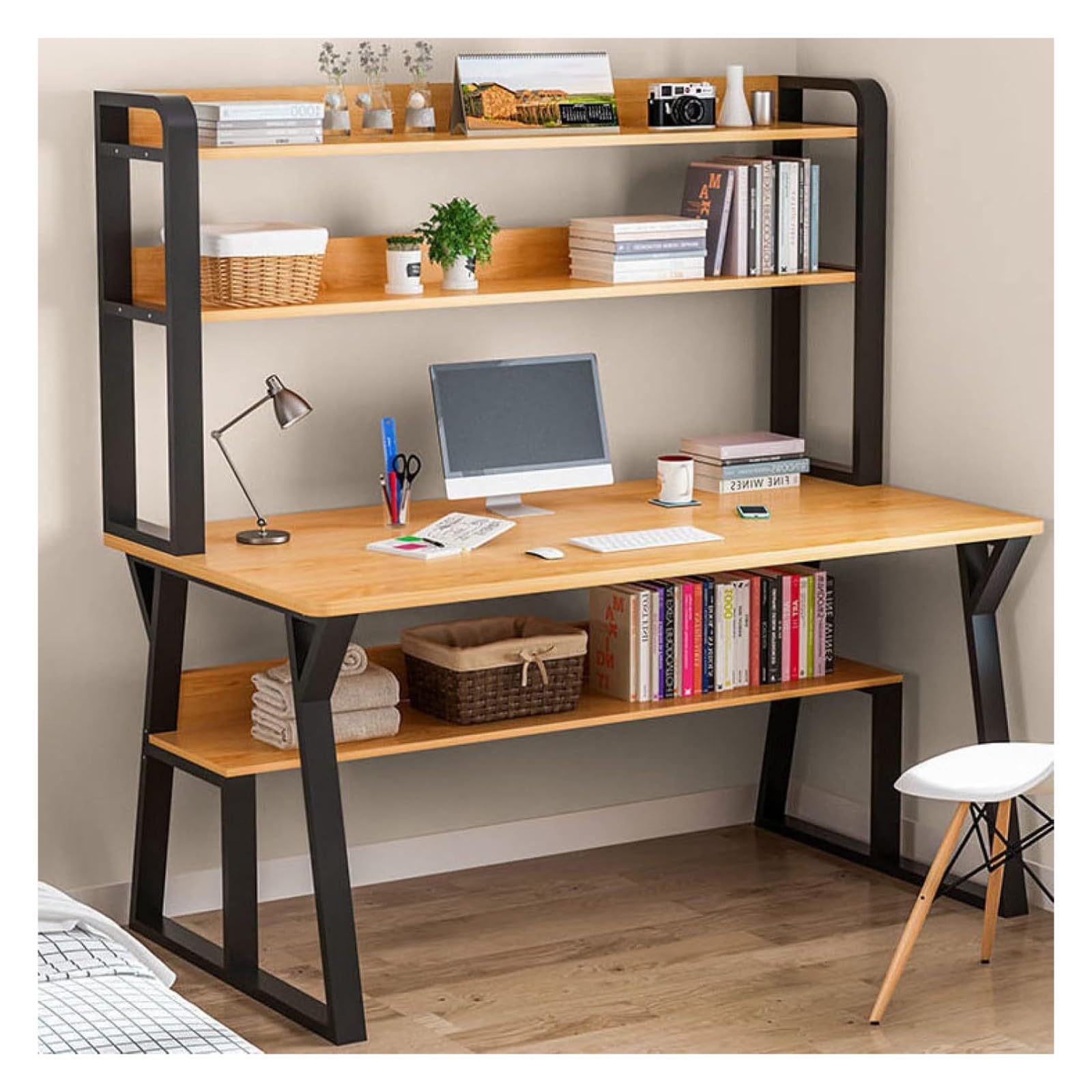 WDSOPK Computer desk Home Office Desk Sturdy Metal Frame Computer Desk, with Storage Shelves and Bookshelf - for Writing Workstation Bedroom Study Furniture（Pear-47 In）