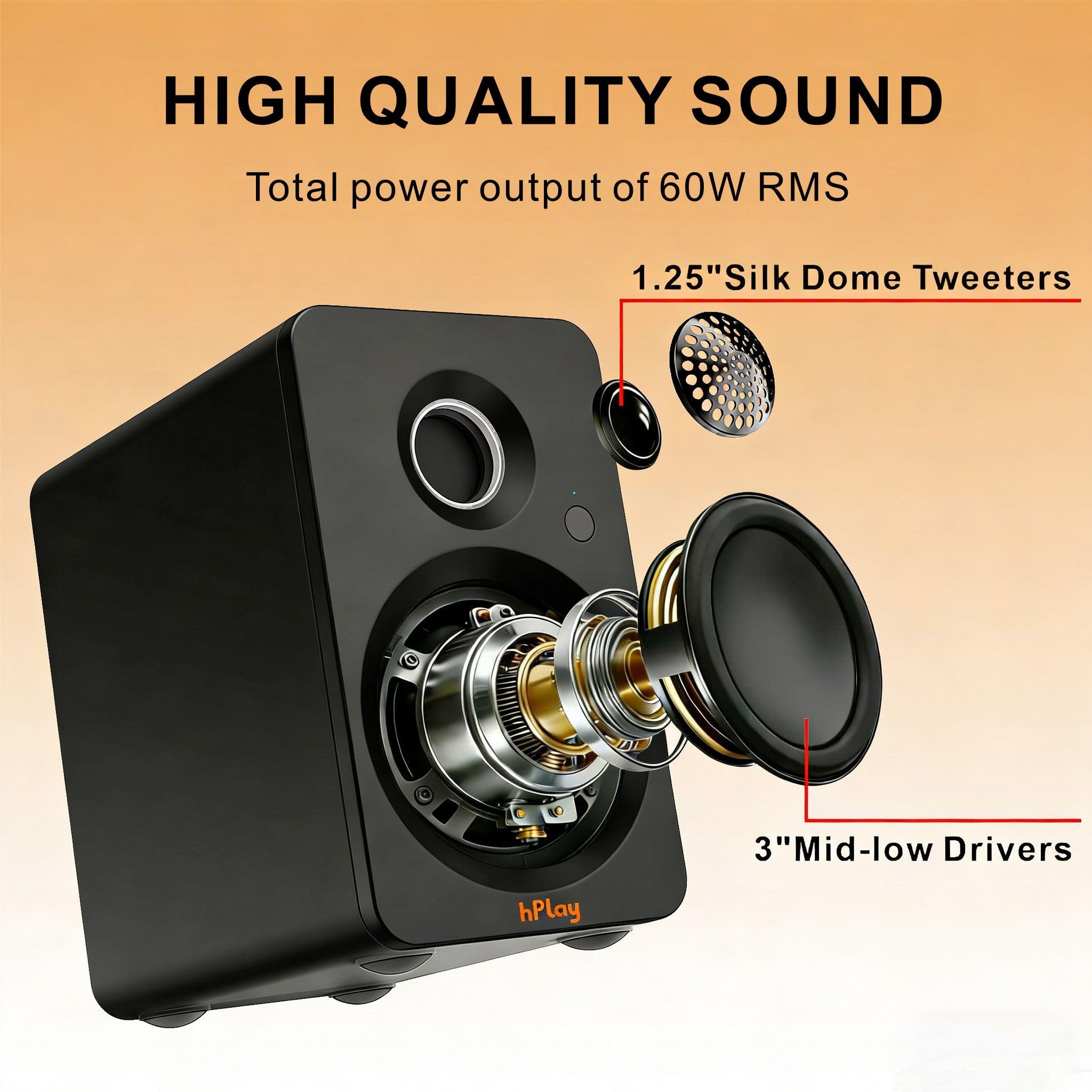 hPlay BS32B Aktivlautsprecher – 60W PC Lautsprecher mit Bluetooth 5.3, USB-C Soundkarte, Subwoofer-Ausgang & Fernbedienung, absorberplatte Lautsprecher, kompakte Regallautsprecher (Schwarz)