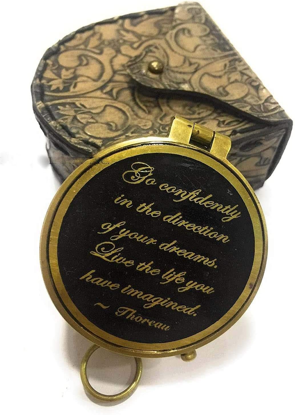 NauticalMart Brass Compass Thoreau's Go Confidently Poem Engraved Pocket Compass with Leather case (Black)