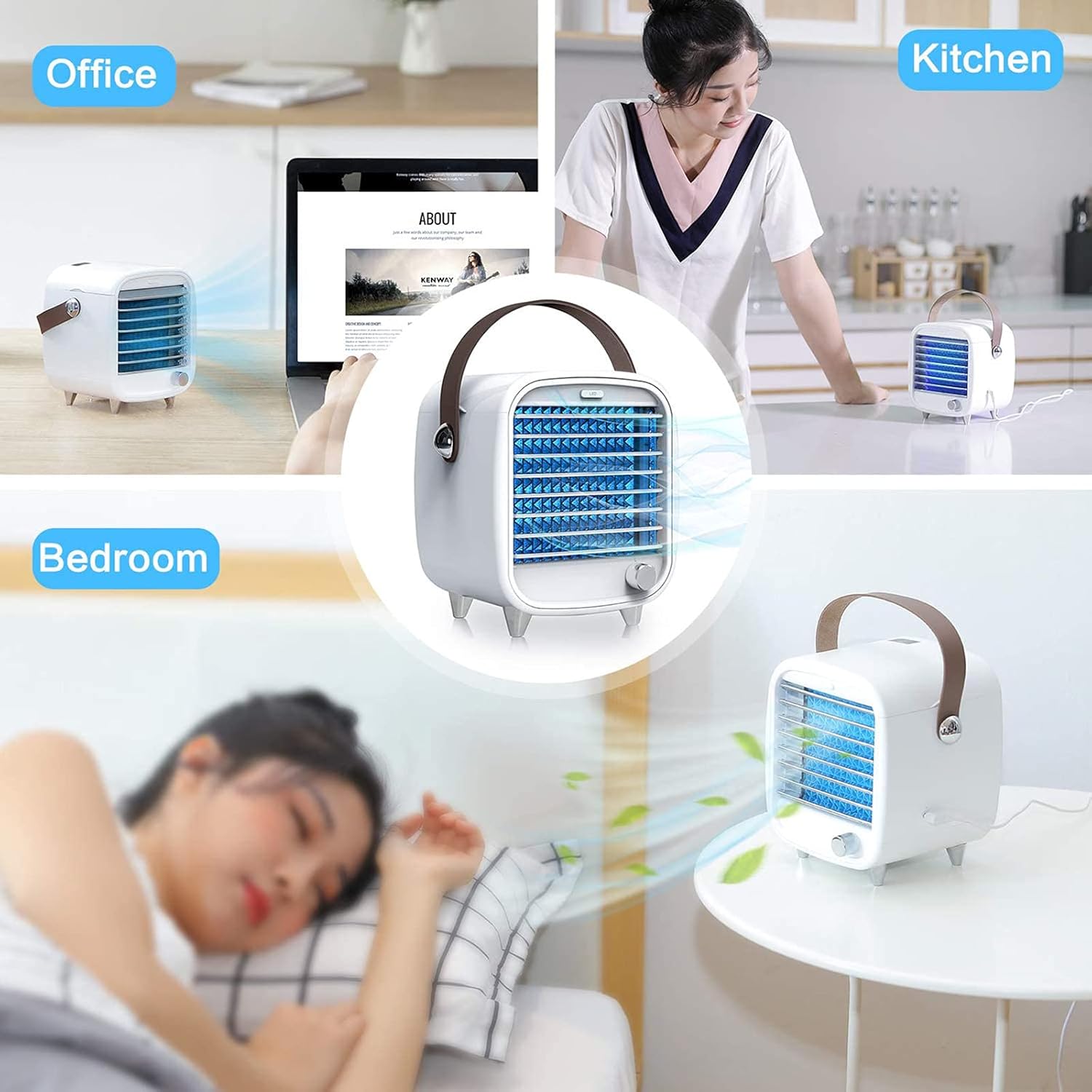 Mini Personal Air Conditioner Fan USB Portable Air Cooler with Blue LED night light 9in Stepless speed Evaporative Cooler for Home Office Bedroom