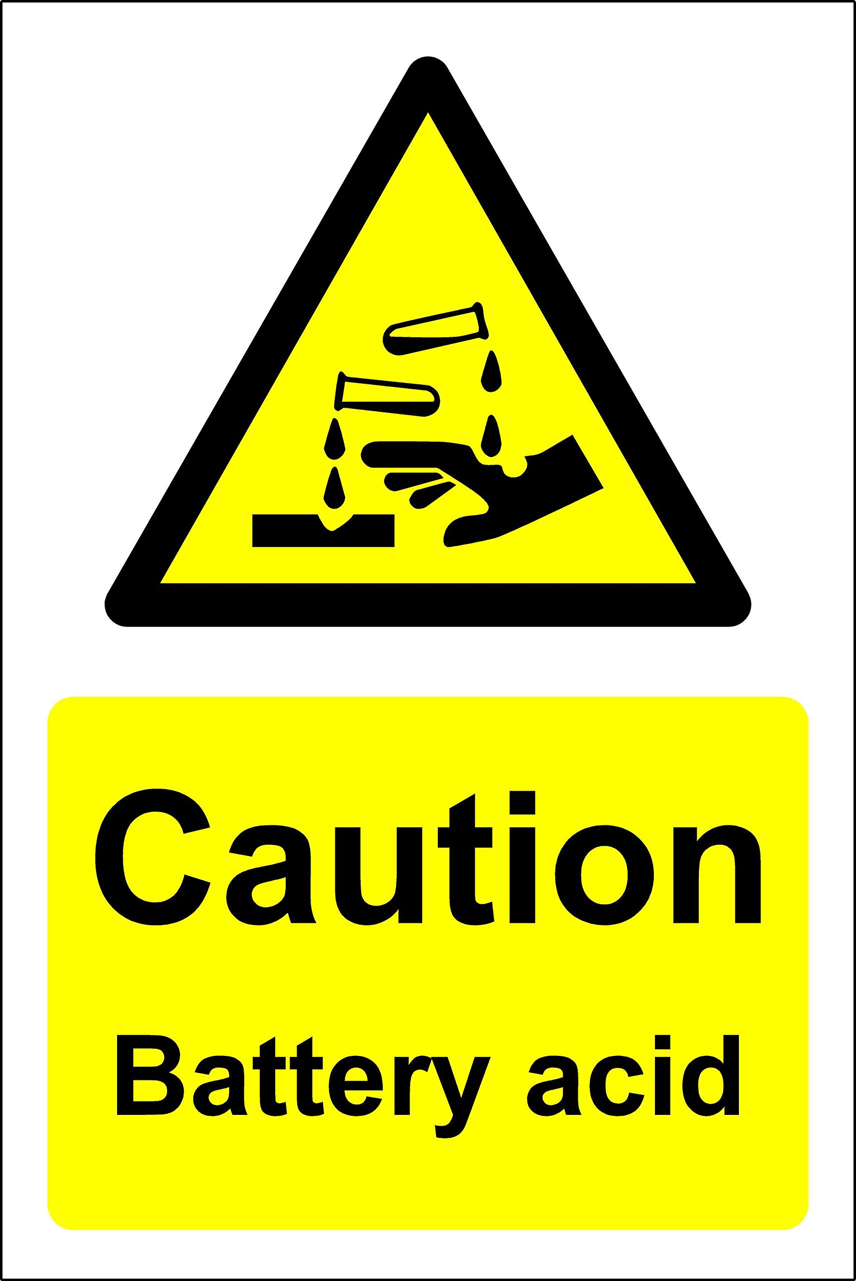 Caution battery acid corrosive safety sign - 1.2mm Rigid plastic 200mm x 150mm