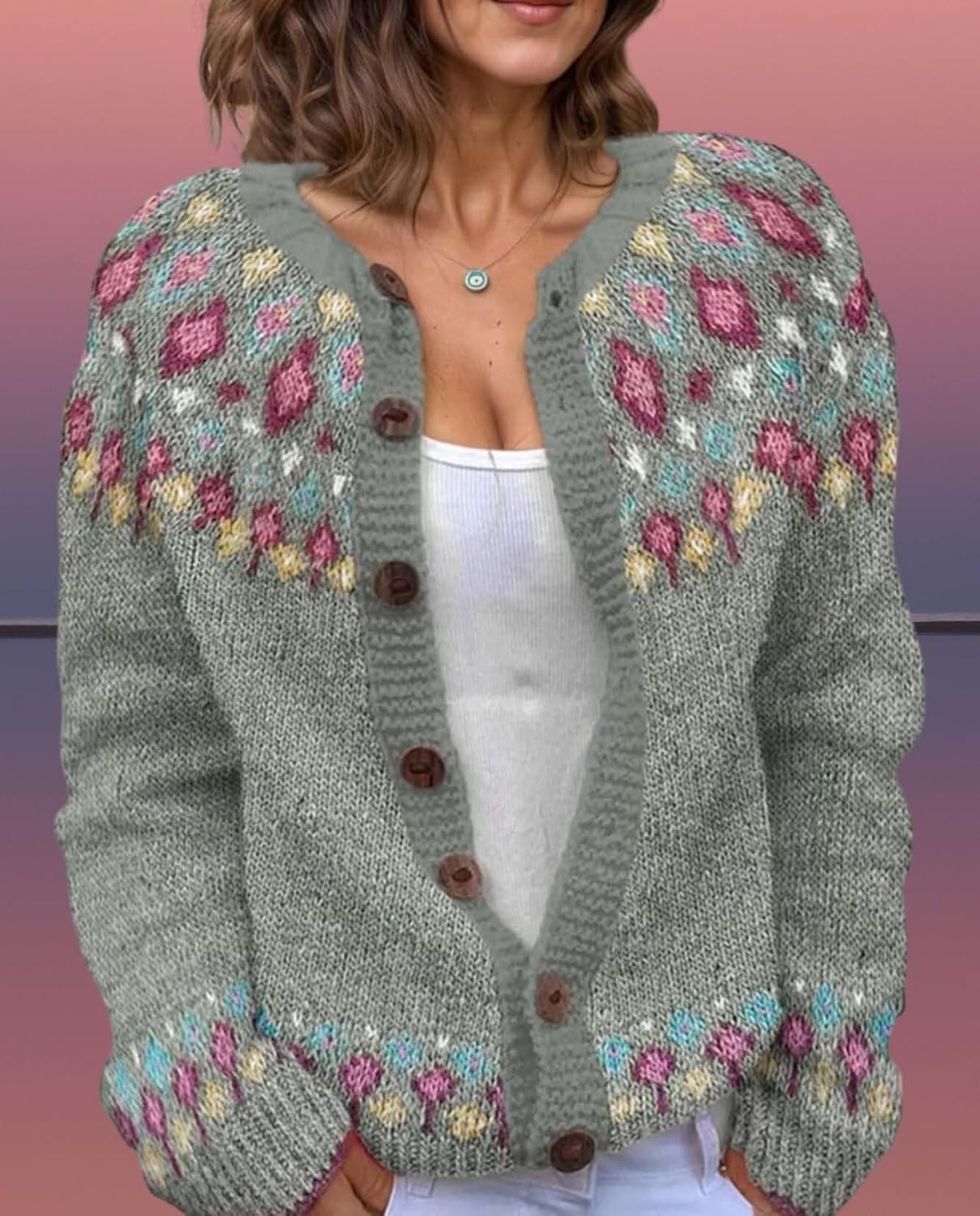 Women's Fair Isle Pattern Knit Cardigan Sweater Vintage Button Down Open Front Jacket Coat for Fall & Winter 2025 - Image 7