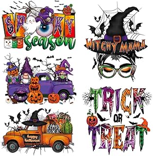 Halloween Iron On Transfers Patches Skeleton Iron-On Patches for Clothing Witch Pumpkin Car Truck Iron On Stickers Appliques Washable Iron Heat Vinyl Transfer for T-Shirts Clothing Hat Bags 5 Sheets