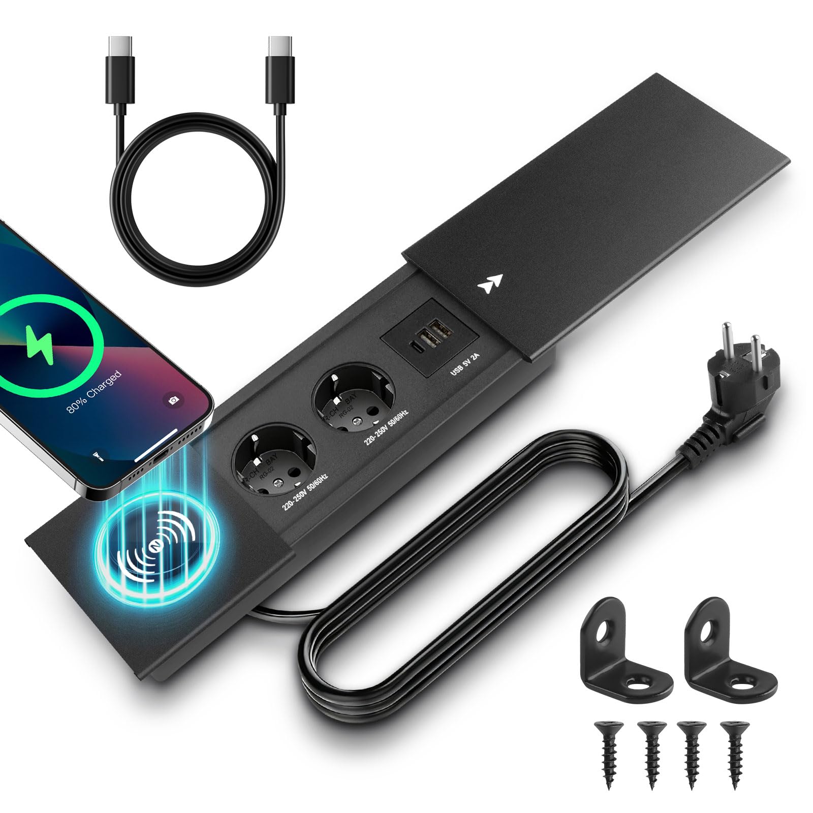 Enchufe empotrable retráctil con Tapa, 2 enchufes, regleta USB C PD | enchufe de mesa, enchufe empotrado, para escritorio, cocina, oficina, mesa de sofá, mesa de conferencias, color negro